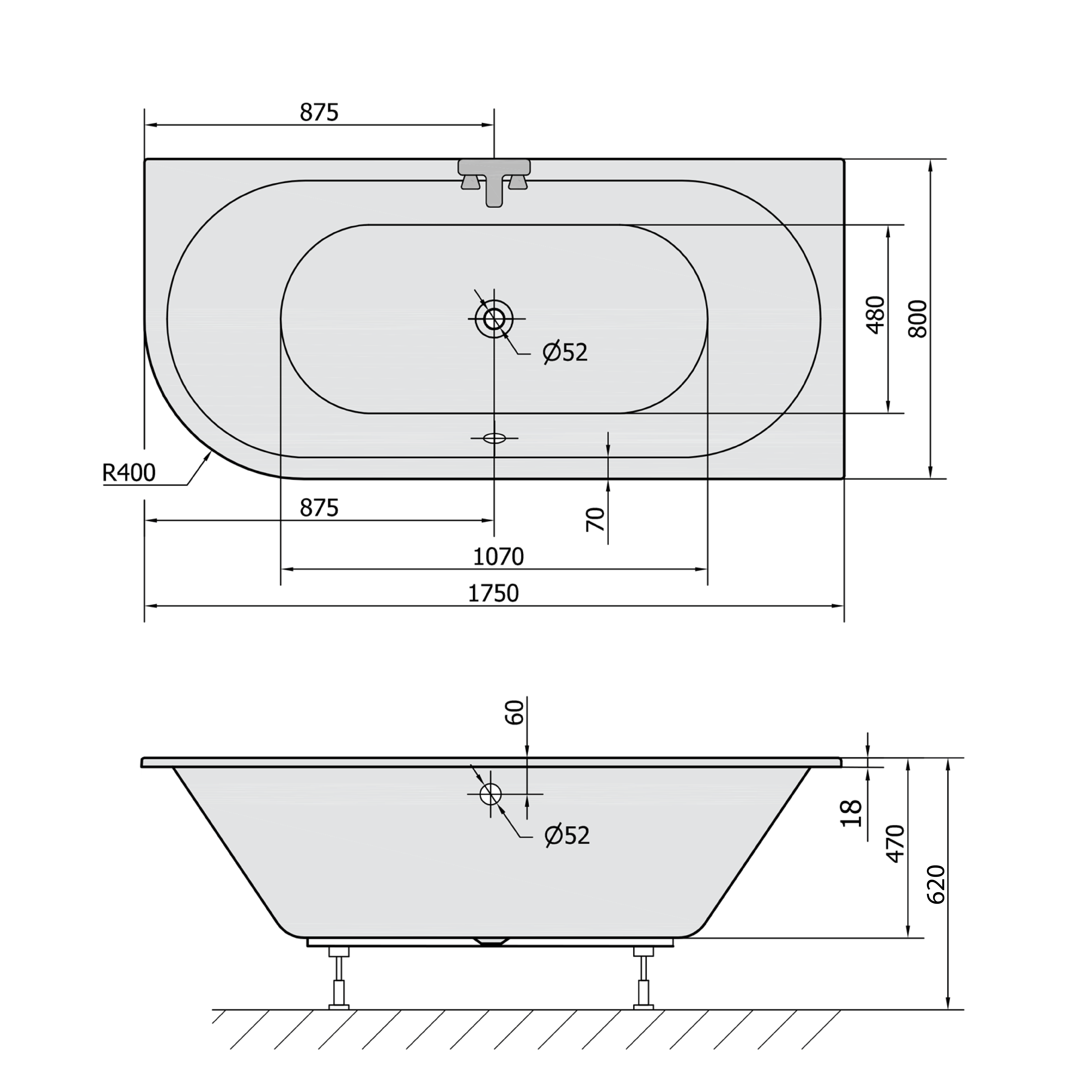 Polysan VIVA R SLIM asymetrická vana 175x80x47cm, bílá, technický nákres