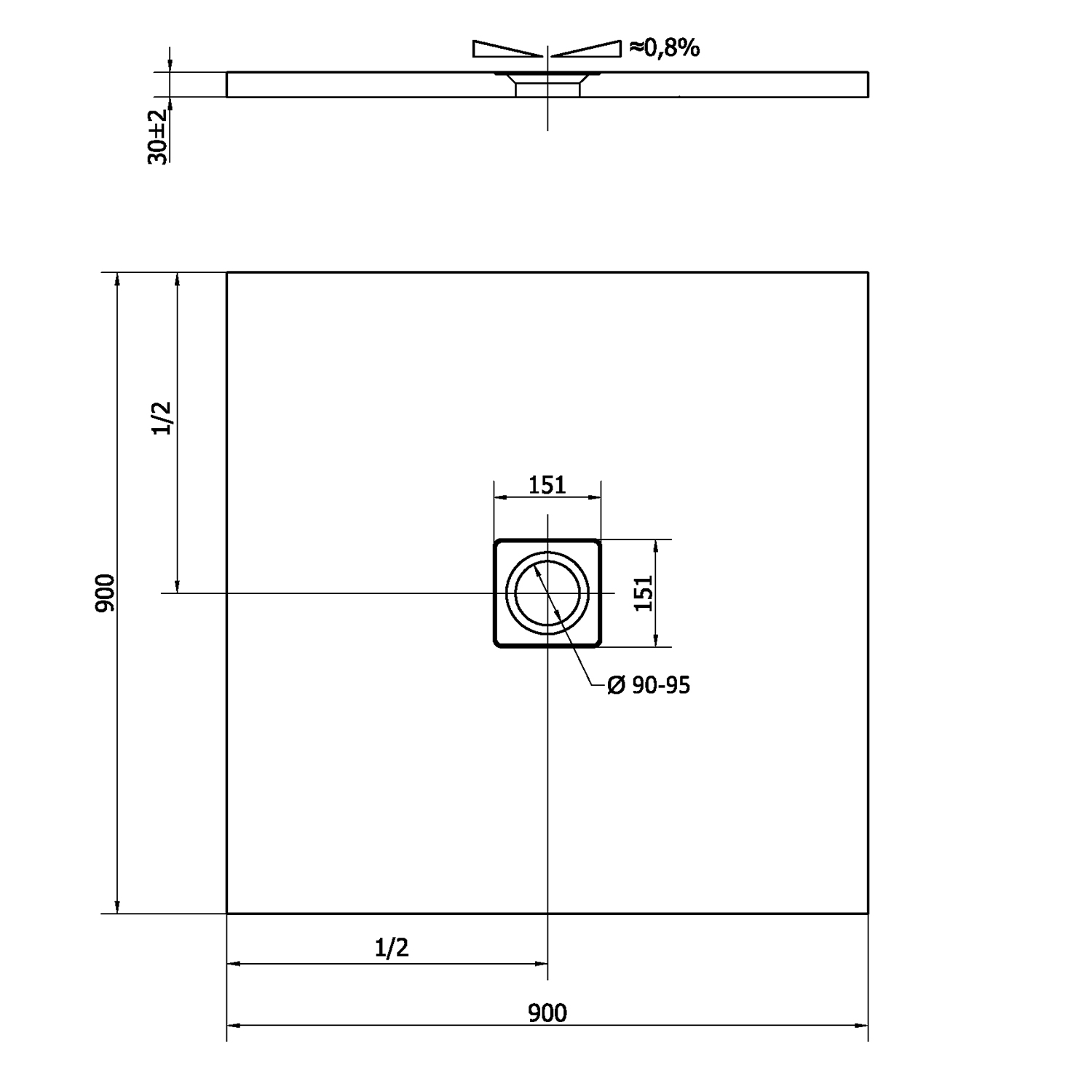 Polysan FLEXIA vanička z litého mramoru s možností úpravy rozměru, 90x90cm, bílá mat, technický nákres