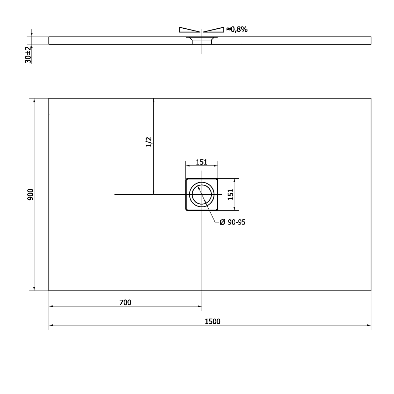 Polysan FLEXIA vanička z litého mramoru s možností úpravy rozměru, 150x90cm, bílá mat, technický nákres