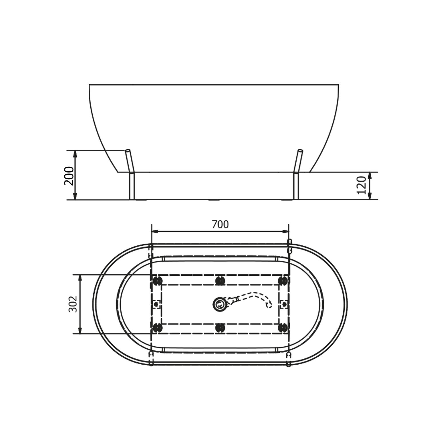 Polysan REDUTA konstrukce pro vanu 150x75cm, černá mat, technický nákres