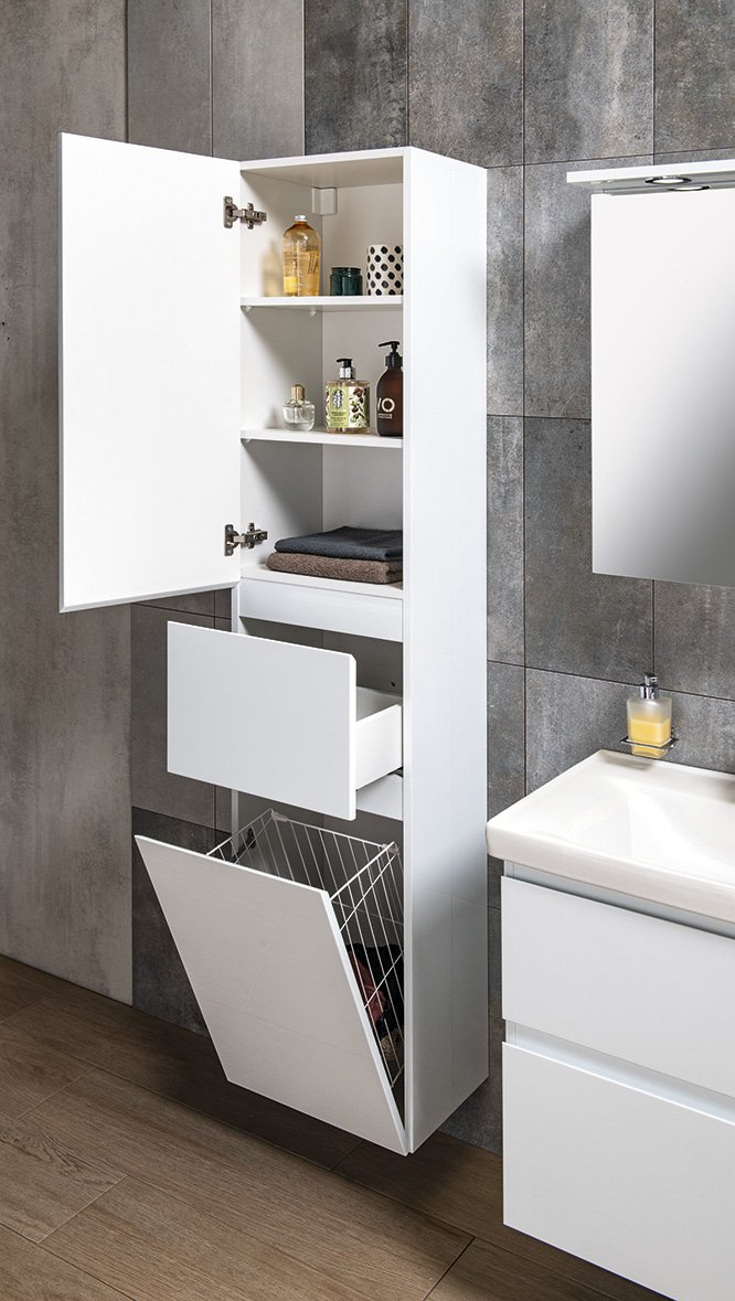Aqualine ALTAIR vysoká skříňka s košem 40x184x31cm, levá, bílá, s otevřenými dvířky a košem