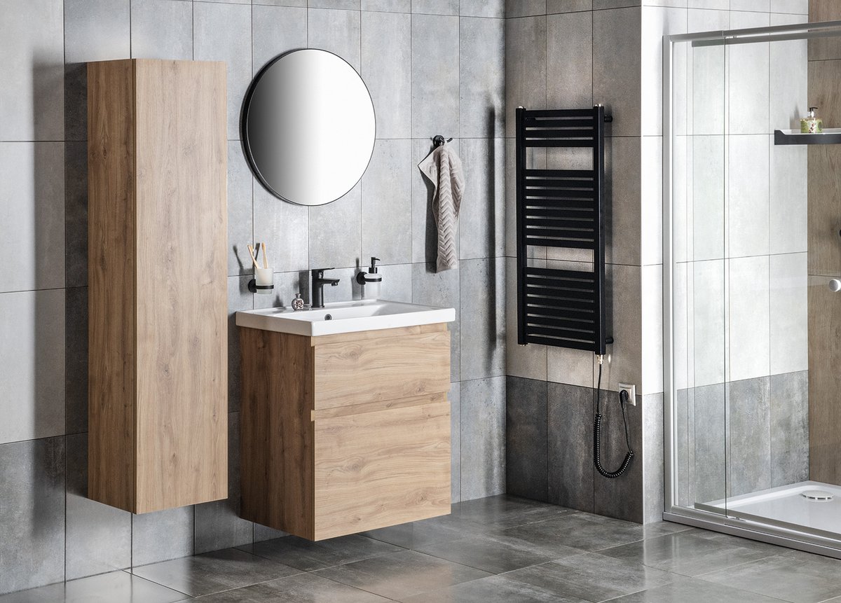 Aqualine ALTAIR umyvadlová skříňka 61,5x72,5x45cm, dub emporio, v koupelně s vysokou skříňkou