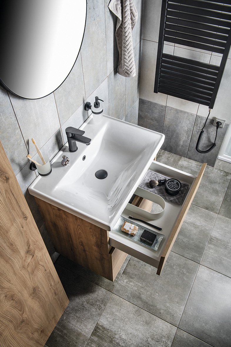 Aqualine ALTAIR umyvadlová skříňka 67x60x45cm, dub emporio, otevřená zásuvka v koupelně