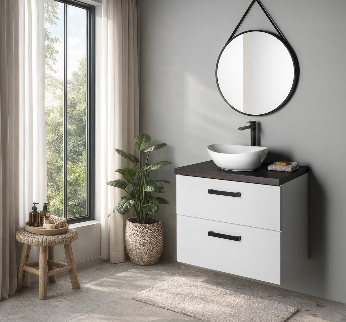 Aqualine VEGA umyvadlová skříňka 62x50x43,6cm, 2x zásuvka, bílá, v koupelně s umyvadlem na desku