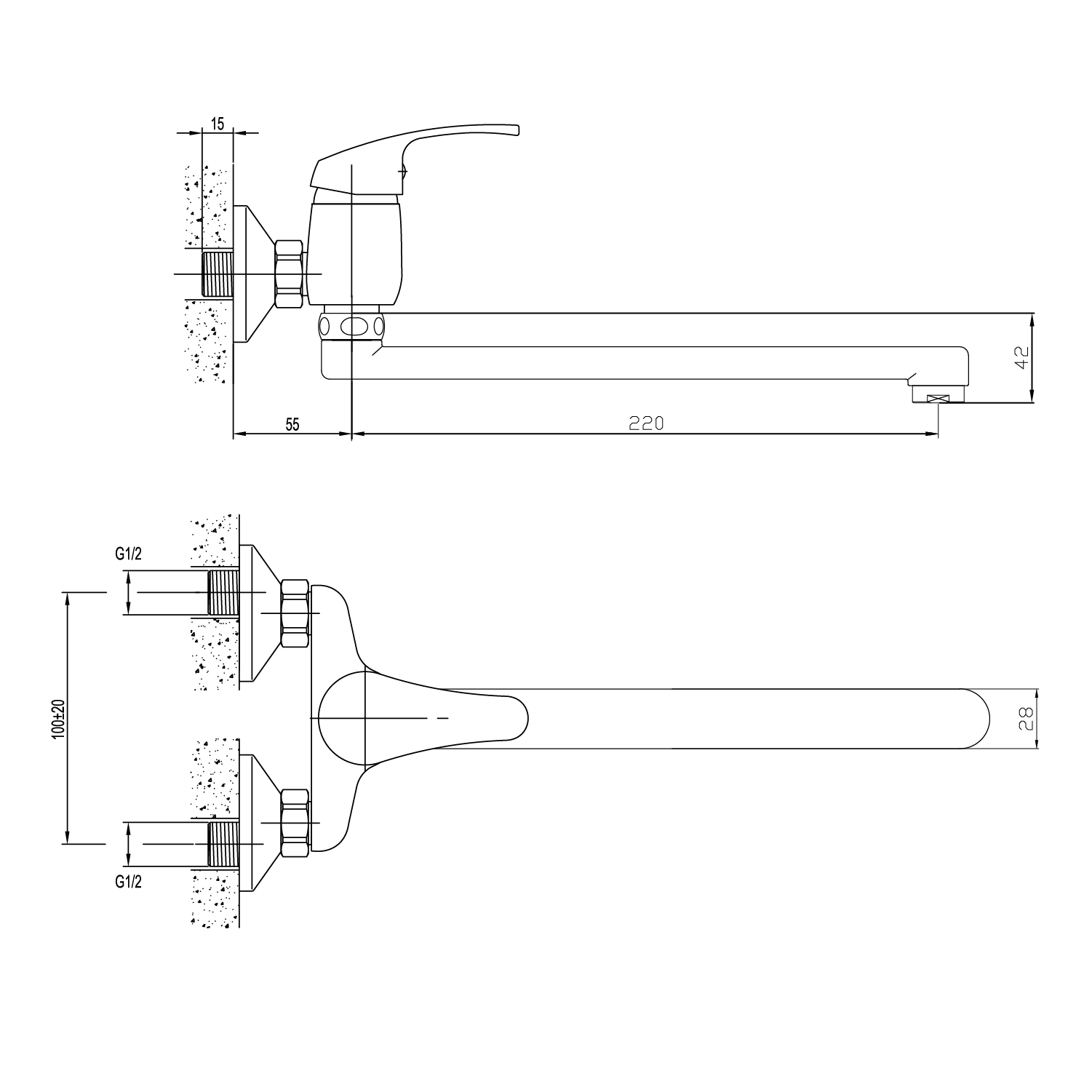 Aqualine AQUALINE 35 nástěnná baterie, rozteč 100mm, ramínko ploché 220mm, chrom, technický nákres