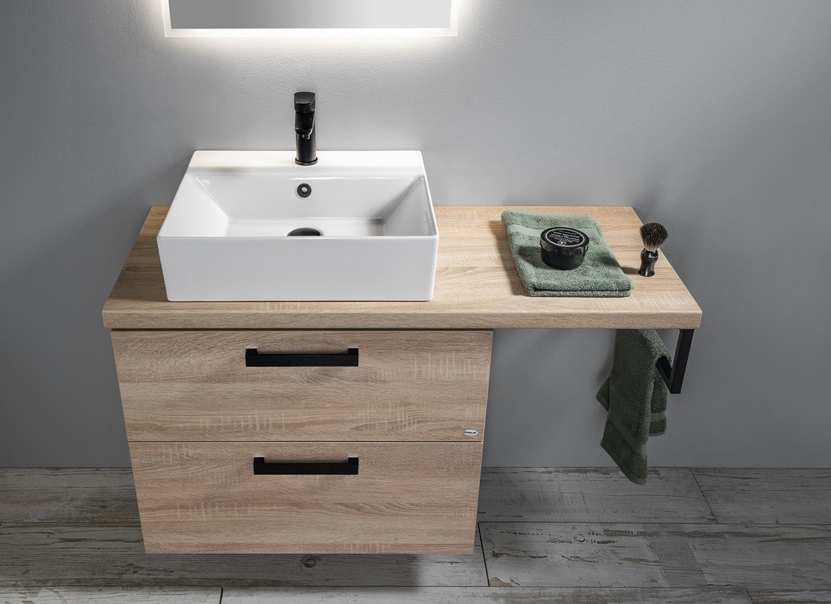 Aqualine VEGA deska pod umyvadlo 97,5x45cm, dub platin, v koupelně s umyvadlem na desce