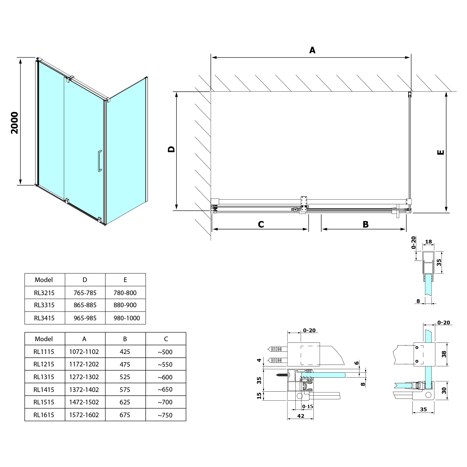 Polysan ROLLS obdélníkový sprchový kout 1600x800 mm, L/P varianta, čiré sklo, technický nákres