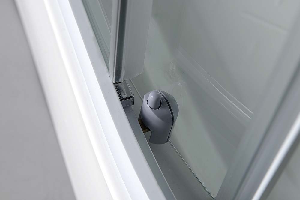 Aqualine AIGO čtvrtkruhový sprchový box 900x900x2040 mm, bílý profil, čiré sklo, detail spodního vodítka