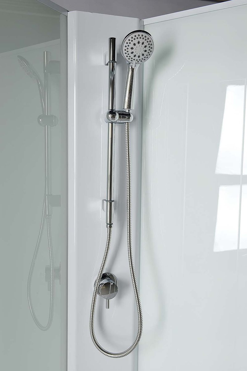 Aqualine AIGO čtvrtkruhový sprchový box 900x900x2040 mm, bílý profil, čiré sklo, detail sprchové tyče uvnitř