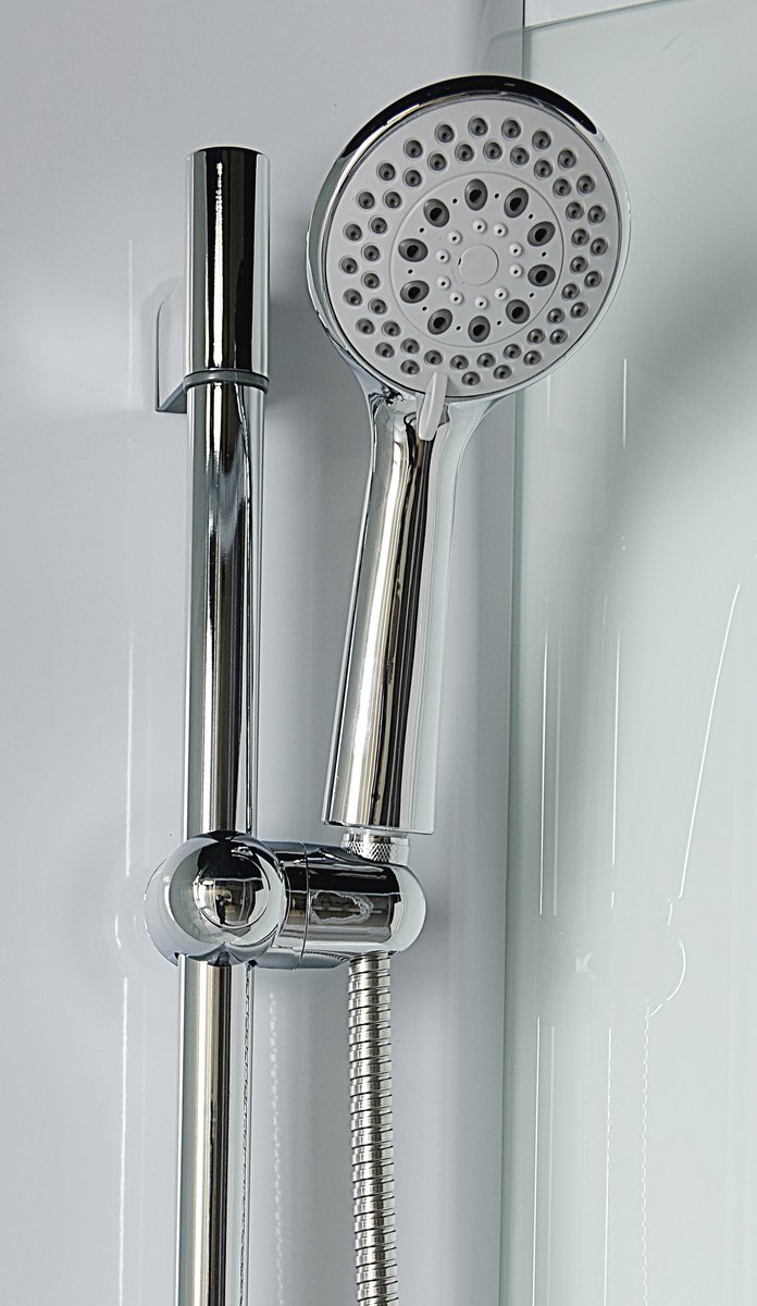 Aqualine AIGO čtvrtkruhový sprchový box 900x900x2040 mm, bílý profil, čiré sklo, detail ruční sprchy