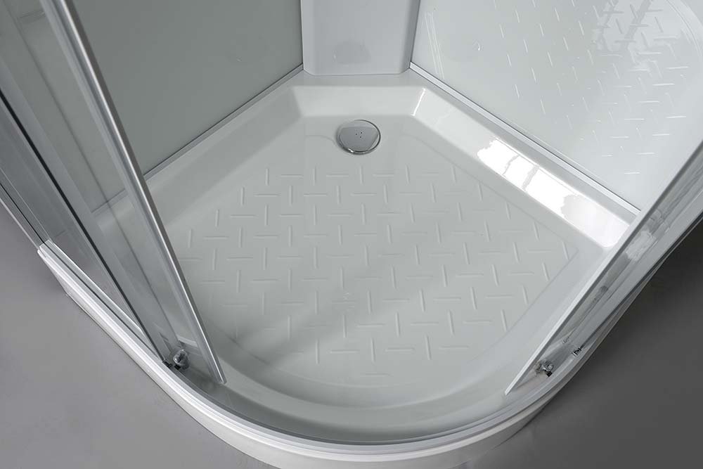 Aqualine AIGO čtvrtkruhový sprchový box 900x900x2040 mm, bílý profil, čiré sklo, pohled shora do kabiny