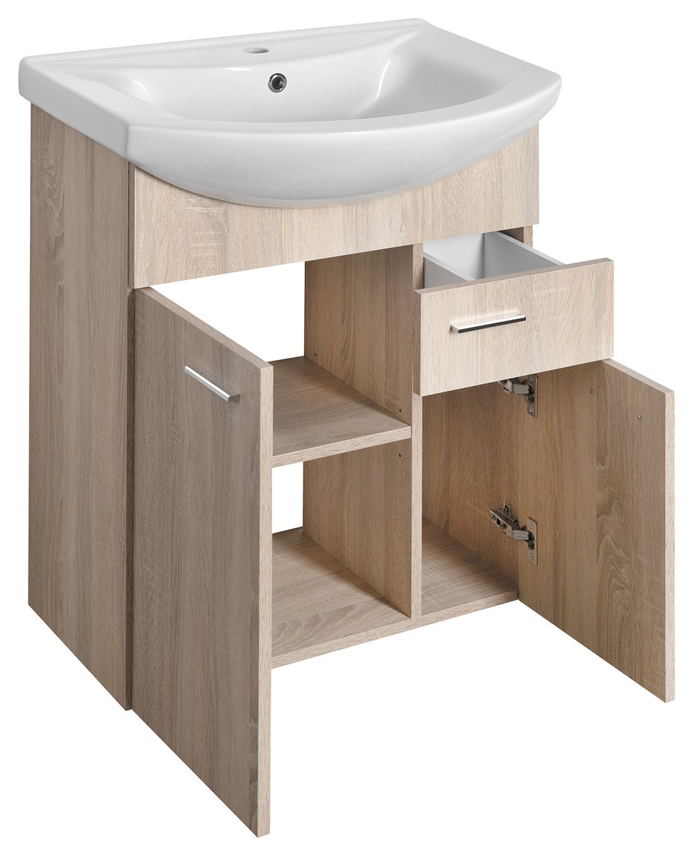 Aqualine ZOJA umyvadlová skříňka 61,5x74x32cm, 2x dvířka, 1x zásuvka, dub platin, s otevřenými dvířky a zásuvkou