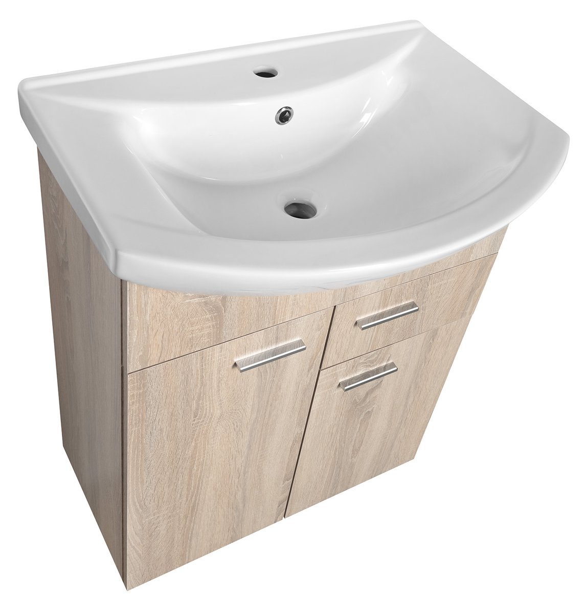Aqualine ZOJA umyvadlová skříňka 61,5x74x32cm, 2x dvířka, 1x zásuvka, dub platin, pohled zboku shora