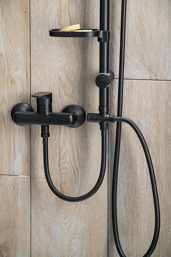 Aqualine Mýdlenka na sprchovou tyč 25mm, ABS/černá mat, na obkladu se sprchovou hadicí