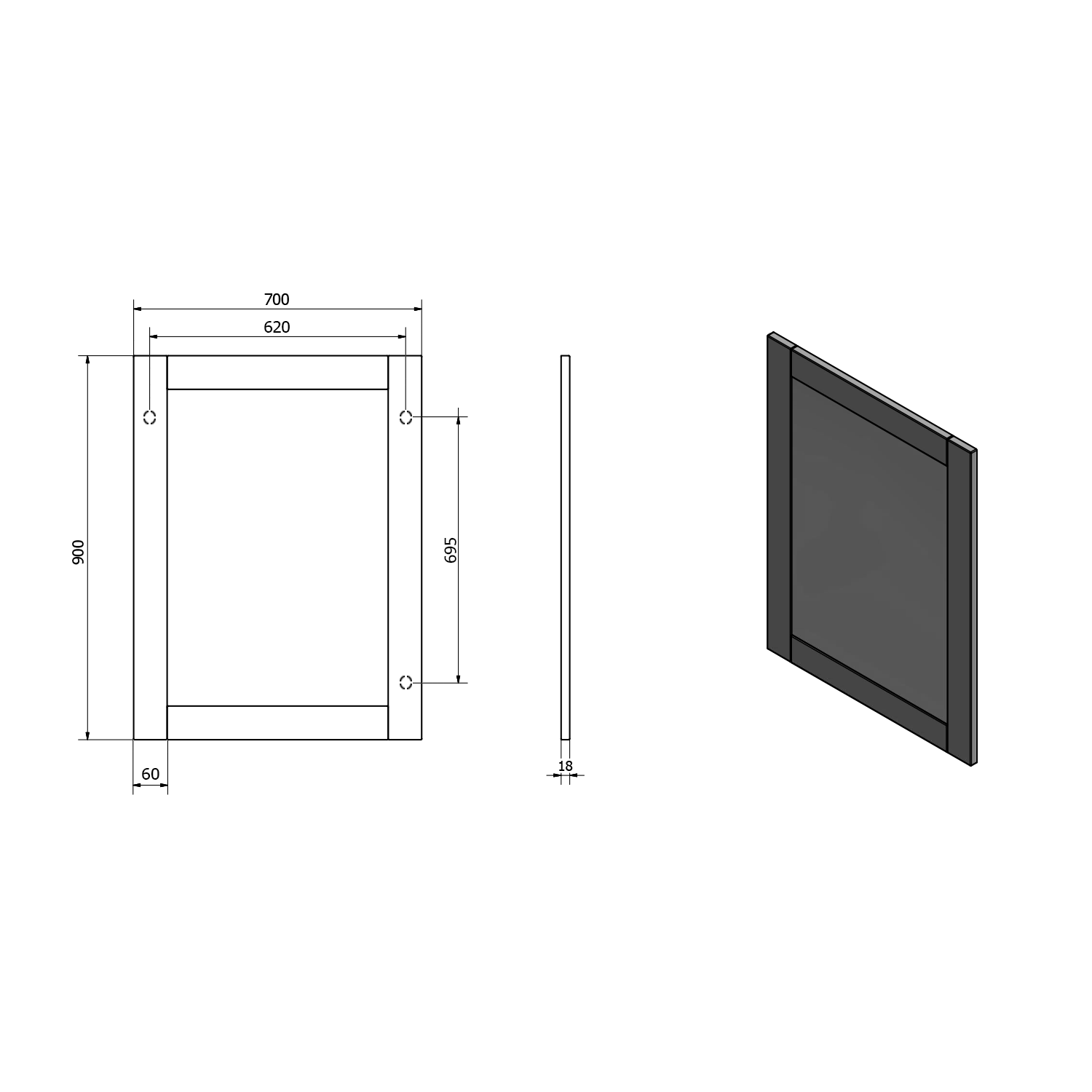 Aqualine FAVOLO zrcadlo v rámu 70x90cm, bílá mat, technický nákres