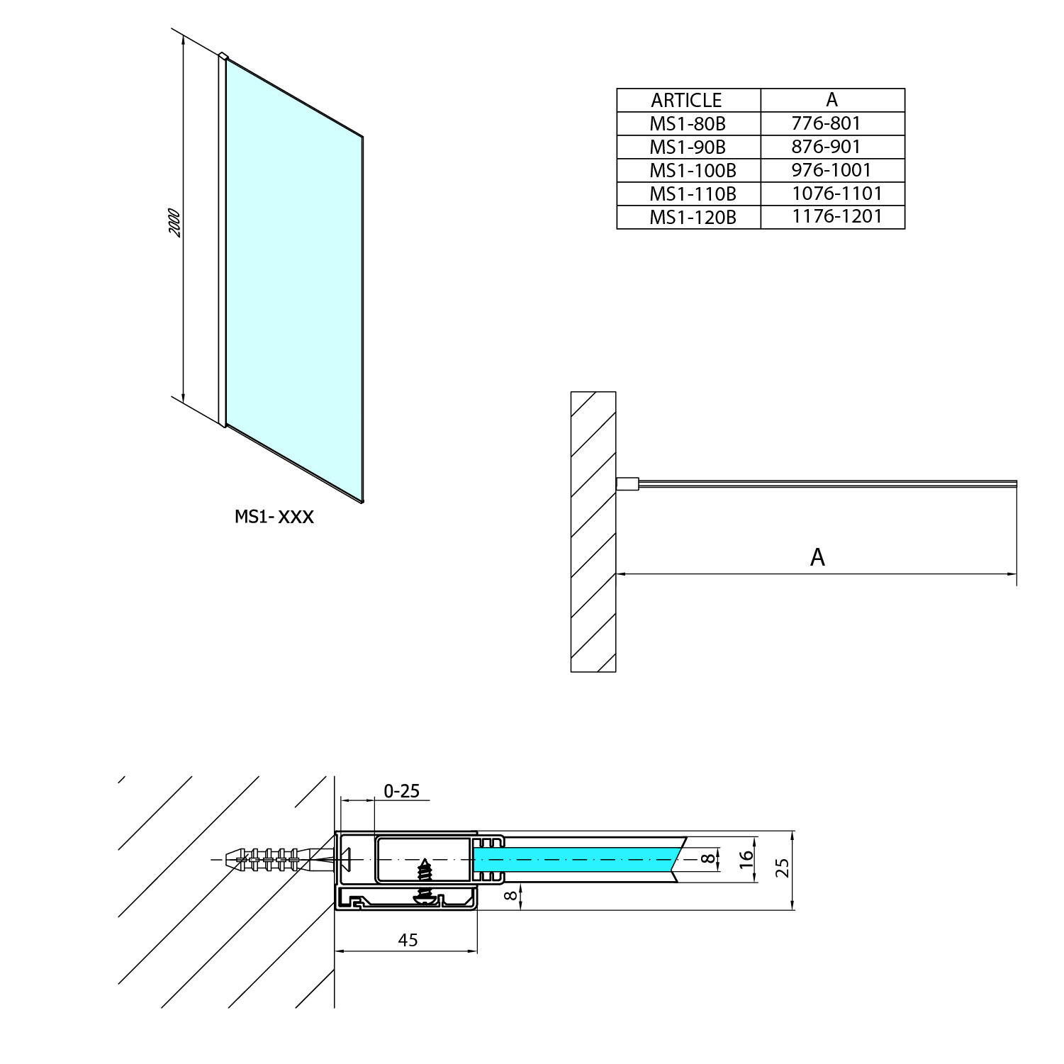 Polysan MODULAR SHOWER BLACK jednodílná zástěna pevná k instalaci na zeď, 800 mm, technický nákres