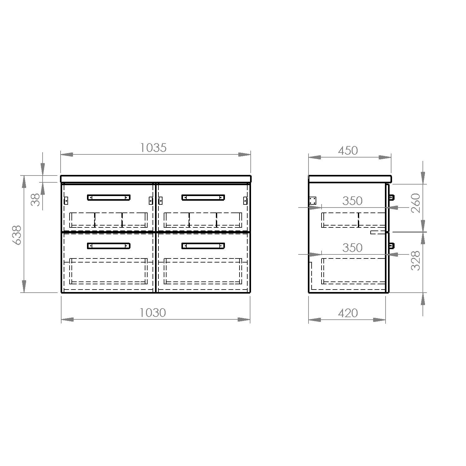Aqualine VEGA sestava koupelnového nábytku, š. 104 cm, bílá/dub platin, technický nákres