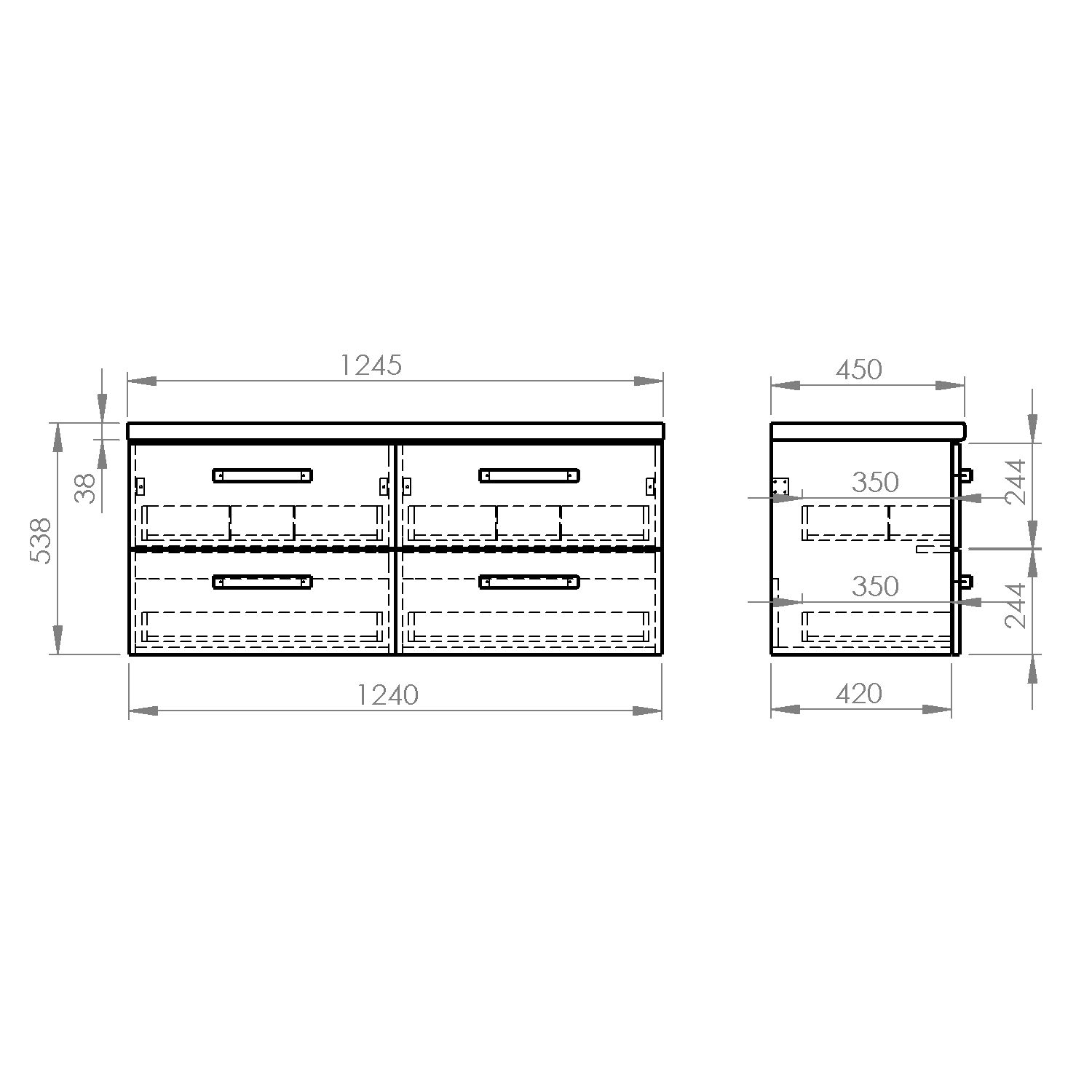 Aqualine VEGA sestava koupelnového nábytku, š. 125 cm, bílá/dub platin, technický nákres