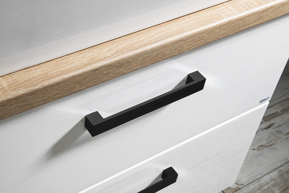 Aqualine VEGA sestava koupelnového nábytku, š. 125 cm, bílá/dub platin, detail úchytky a hrany desky