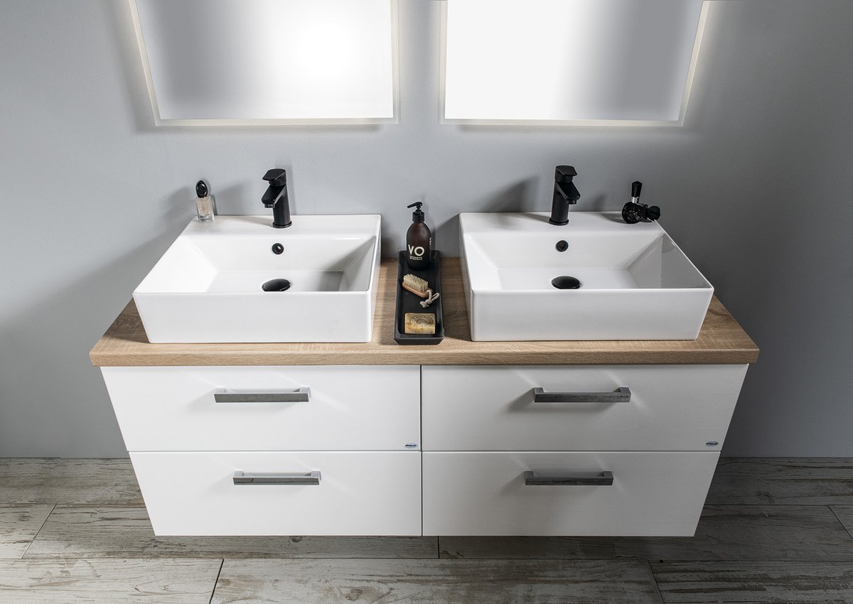 Aqualine VEGA sestava koupelnového nábytku, š. 125 cm, bílá/dub platin, dvě umyvadla na skříňce