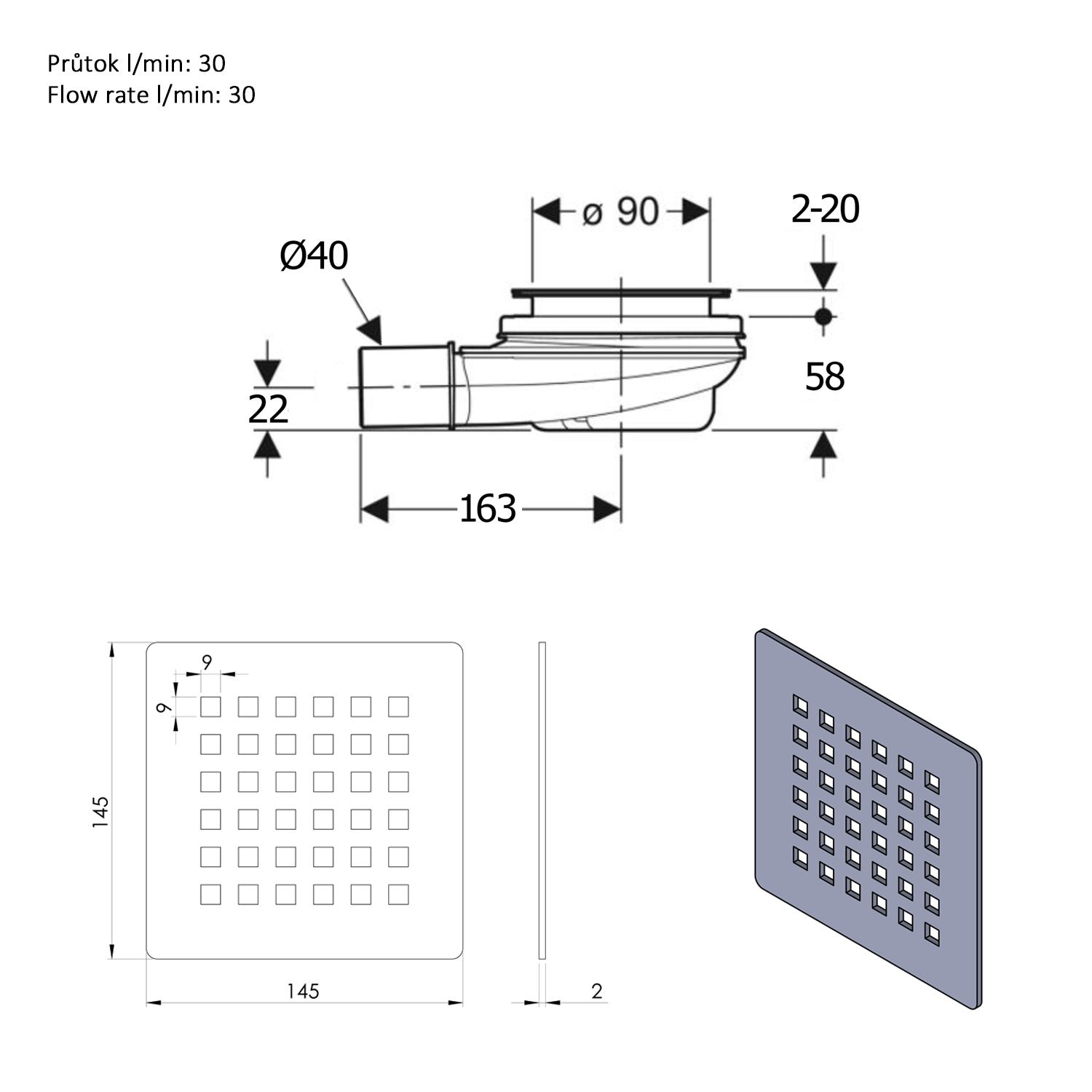 Polysan FLEXIA vaničkový sifon, průměr 90mm, DN40, krytka bílá, technický nákres