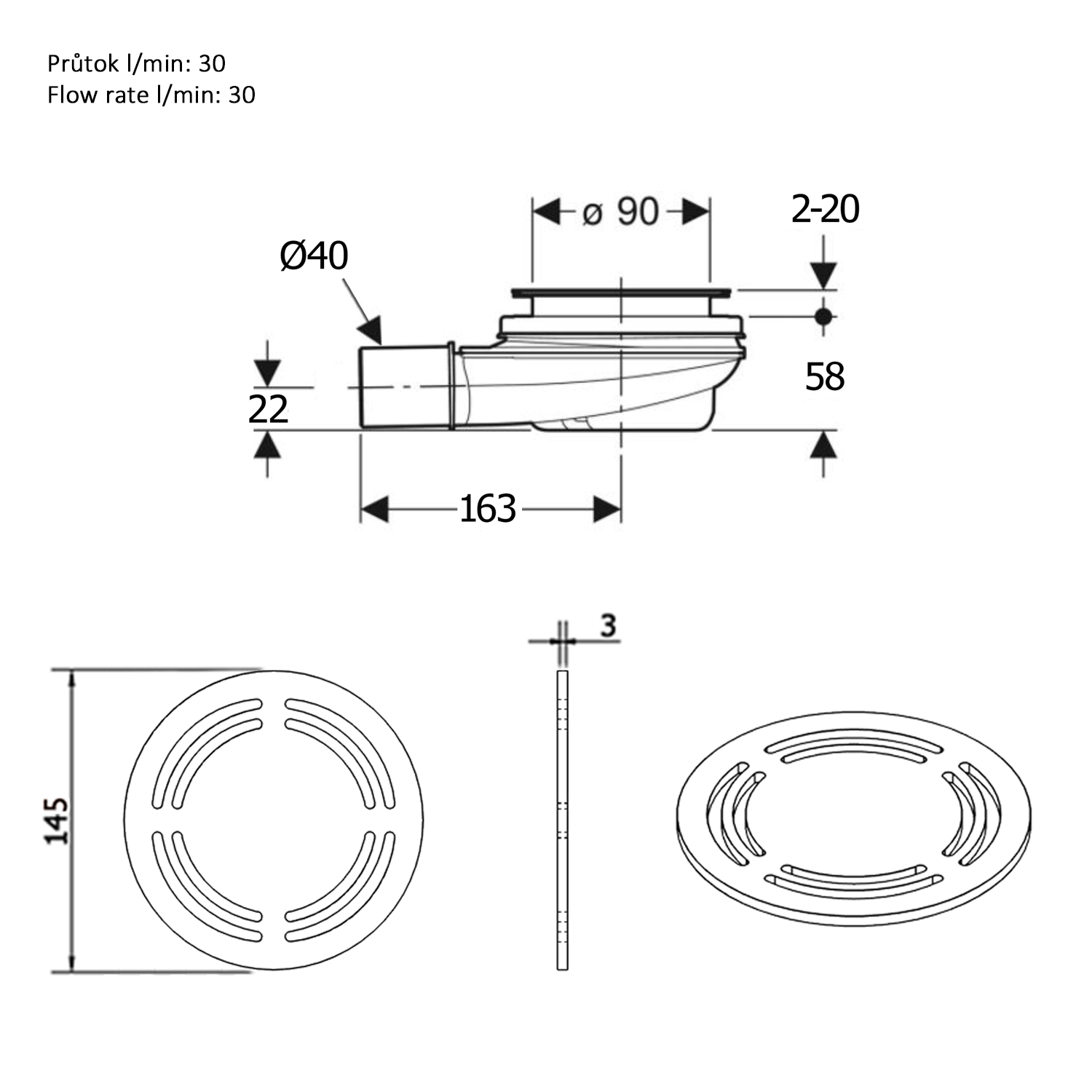Polysan FLEXIA vaničkový sifon, průměr 90mm, DN40, kruhová krytka nerez mat, technický nákres