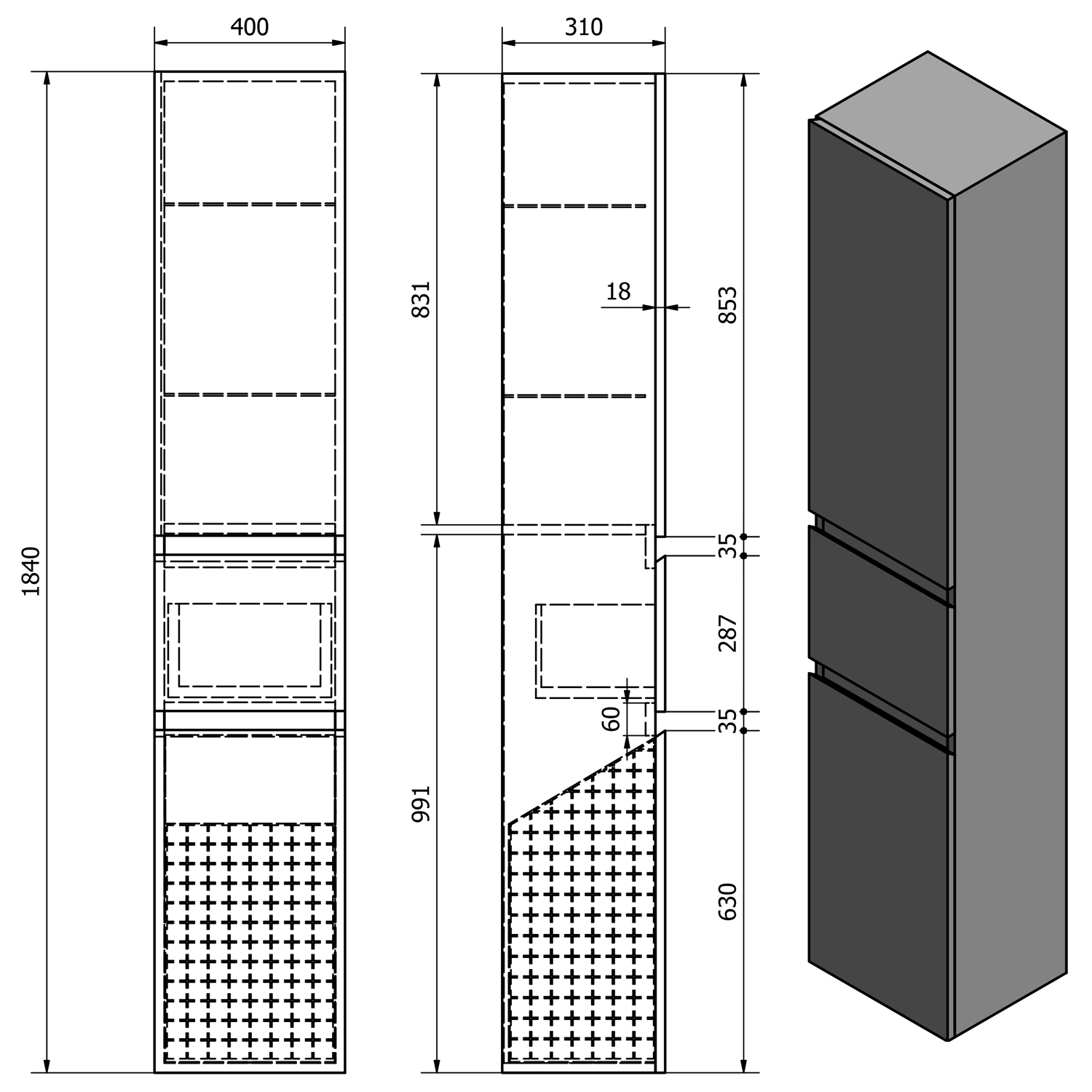 Aqualine ALTAIR vysoká skříňka s košem 40x184x31cm, pravá, bílá, technický nákres