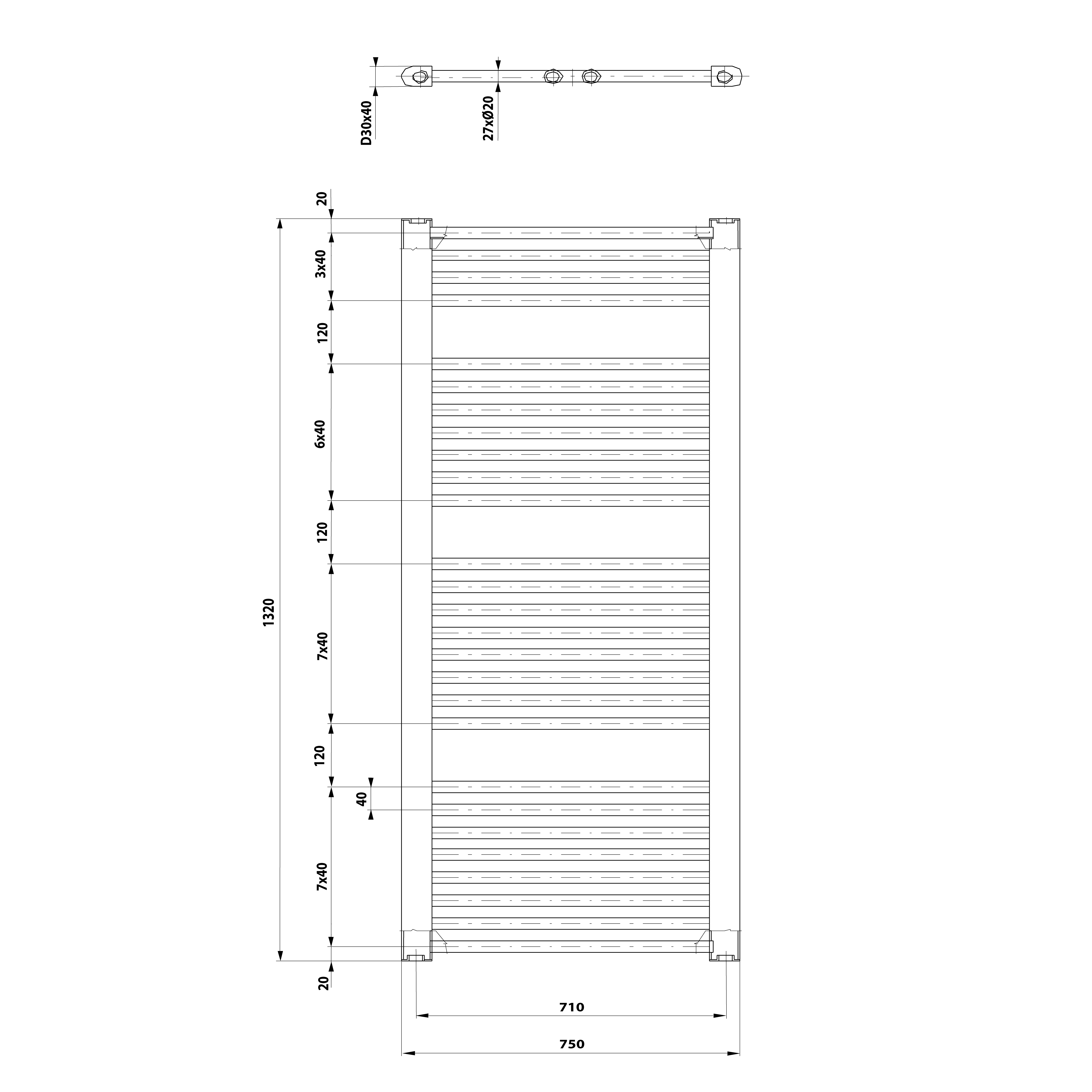 Aqualine DIRECT otopné těleso s bočním připojením 750x1320 mm, bílá, technický nákres