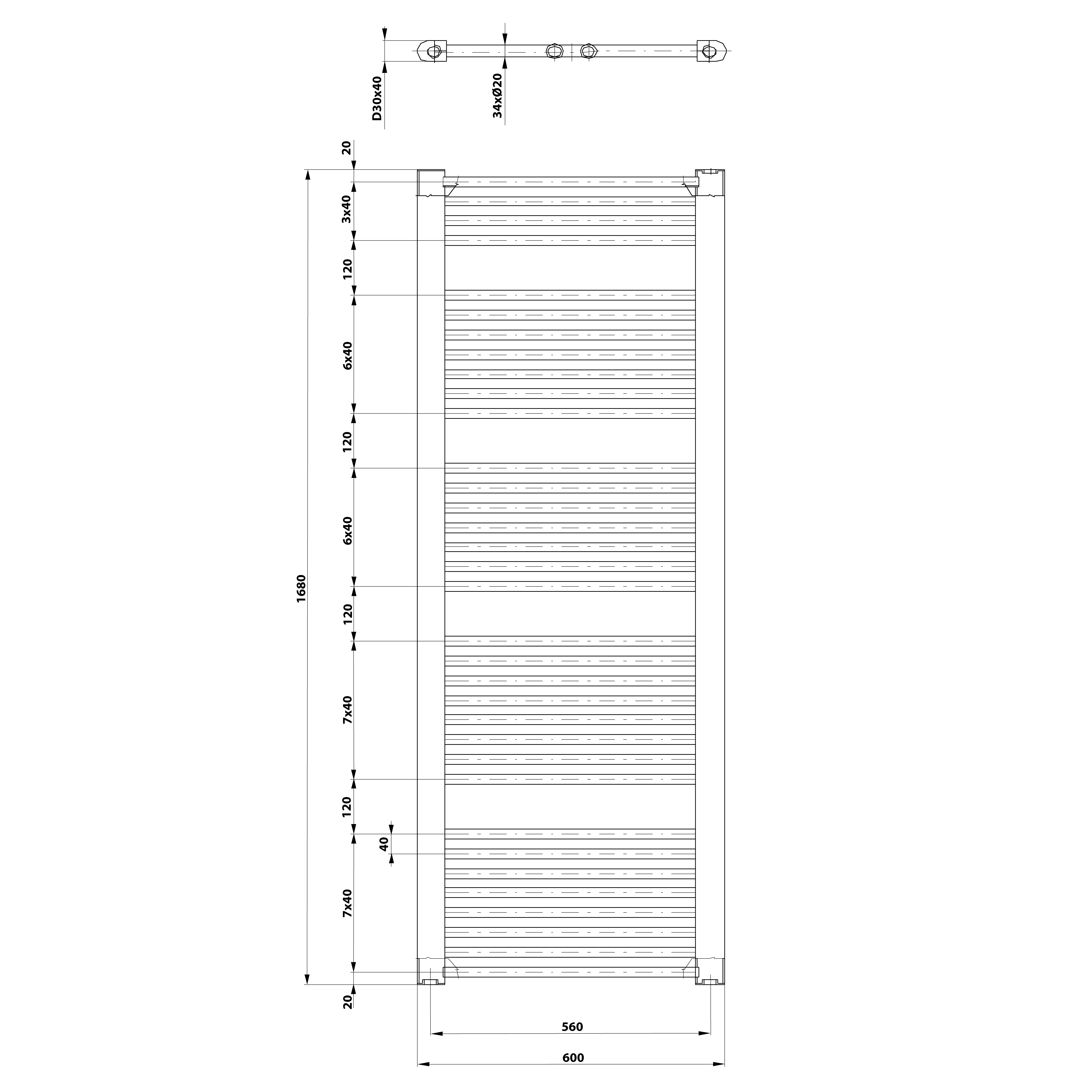 Aqualine DIRECT otopné těleso s bočním připojením 600x1680 mm, bílá, technický nákres