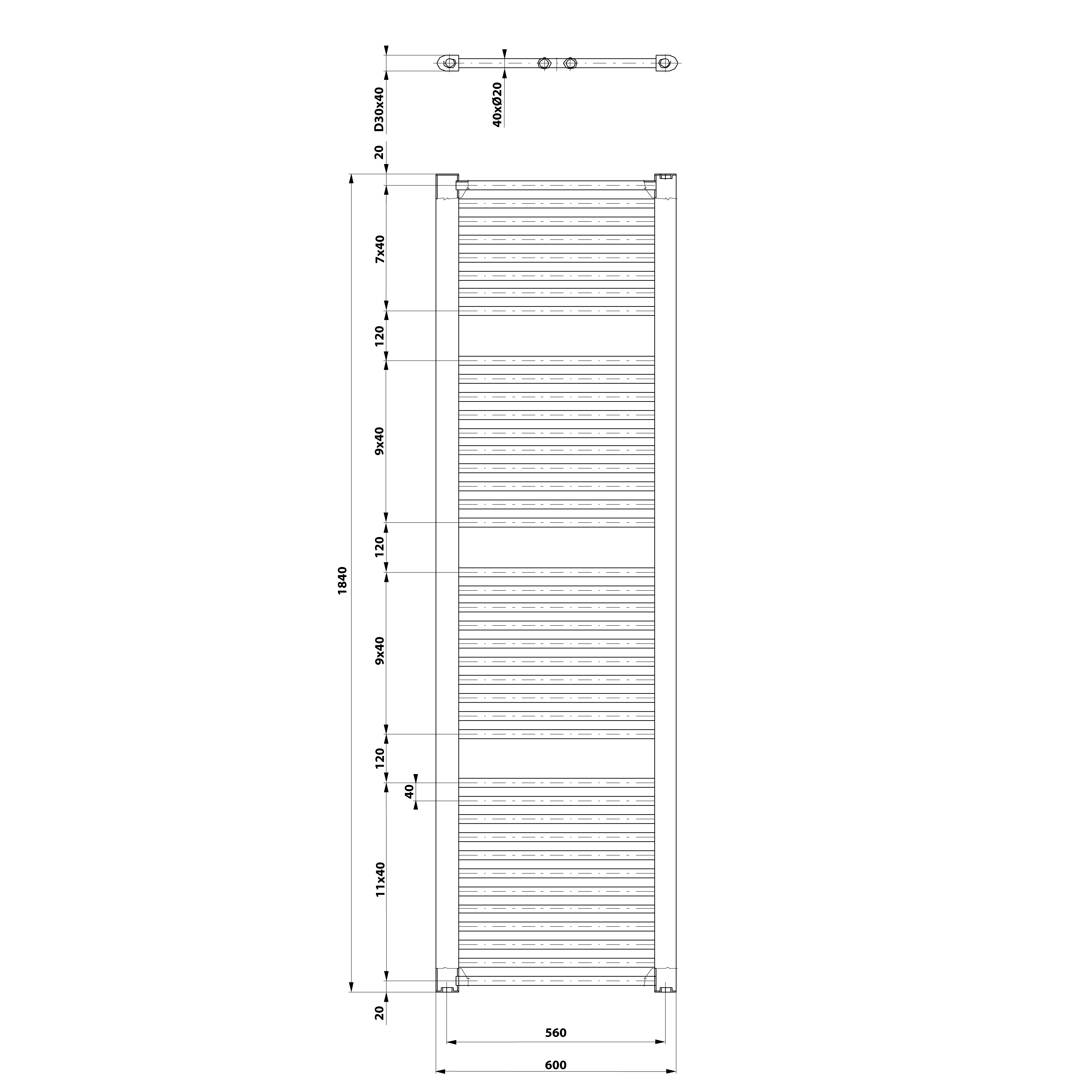 Aqualine DIRECT otopné těleso s bočním připojením 600x1850 mm, bílá, technický nákres