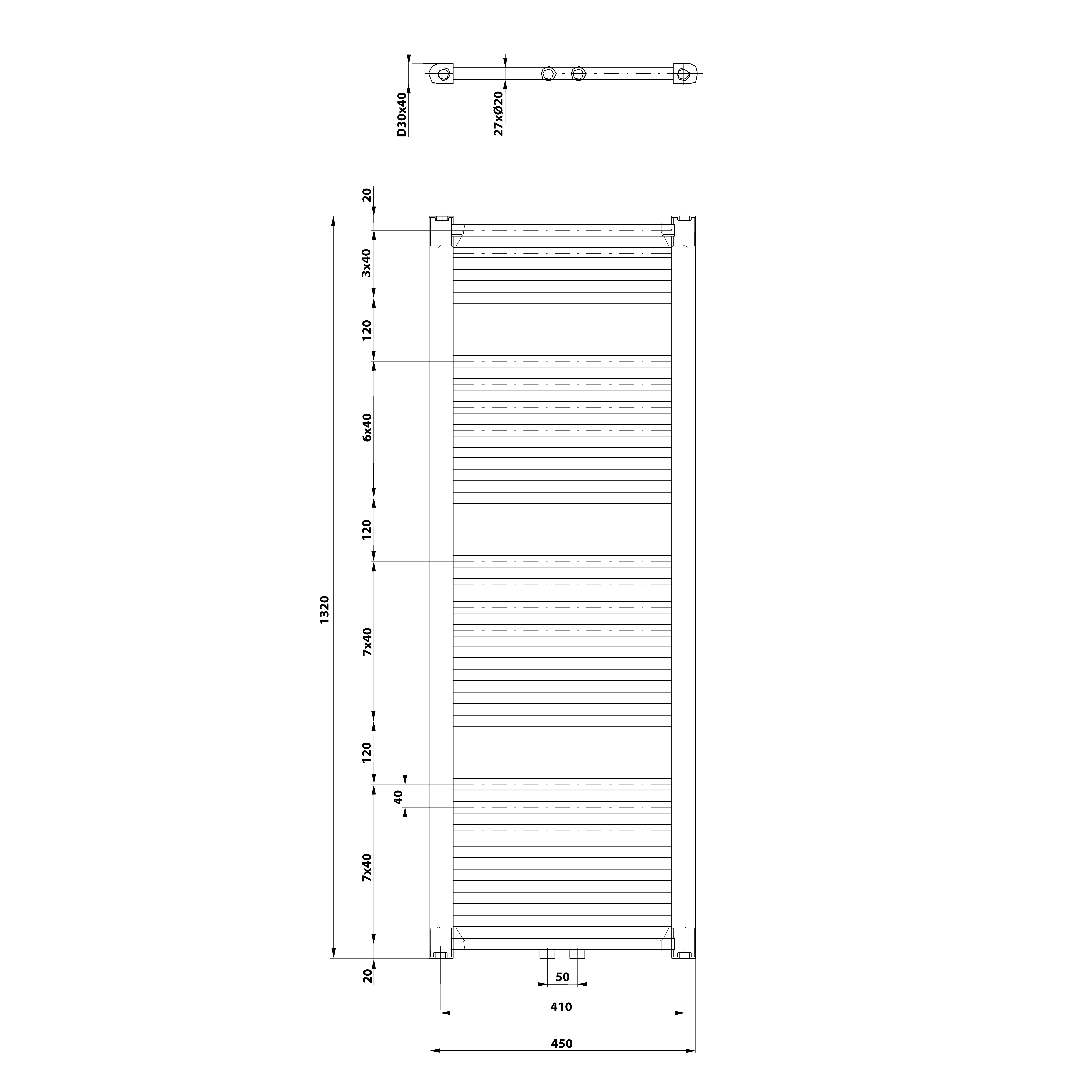 Aqualine DIRECT otopné těleso se středovým připojením, 450x1320 mm, bílá, technický nákres