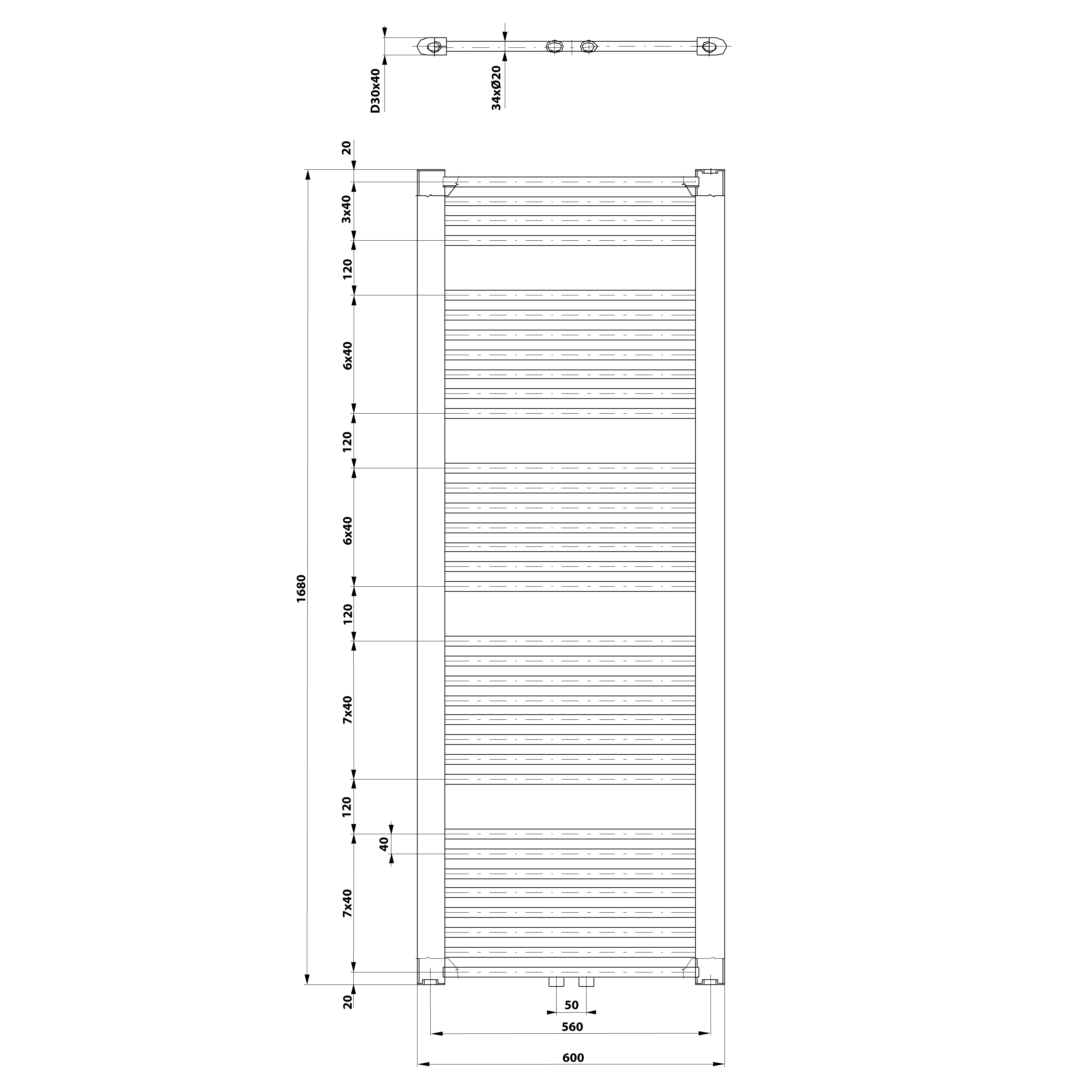 Aqualine DIRECT otopné těleso se středovým připojením, 600x1680mm, 1013 W, bílá, technický nákres