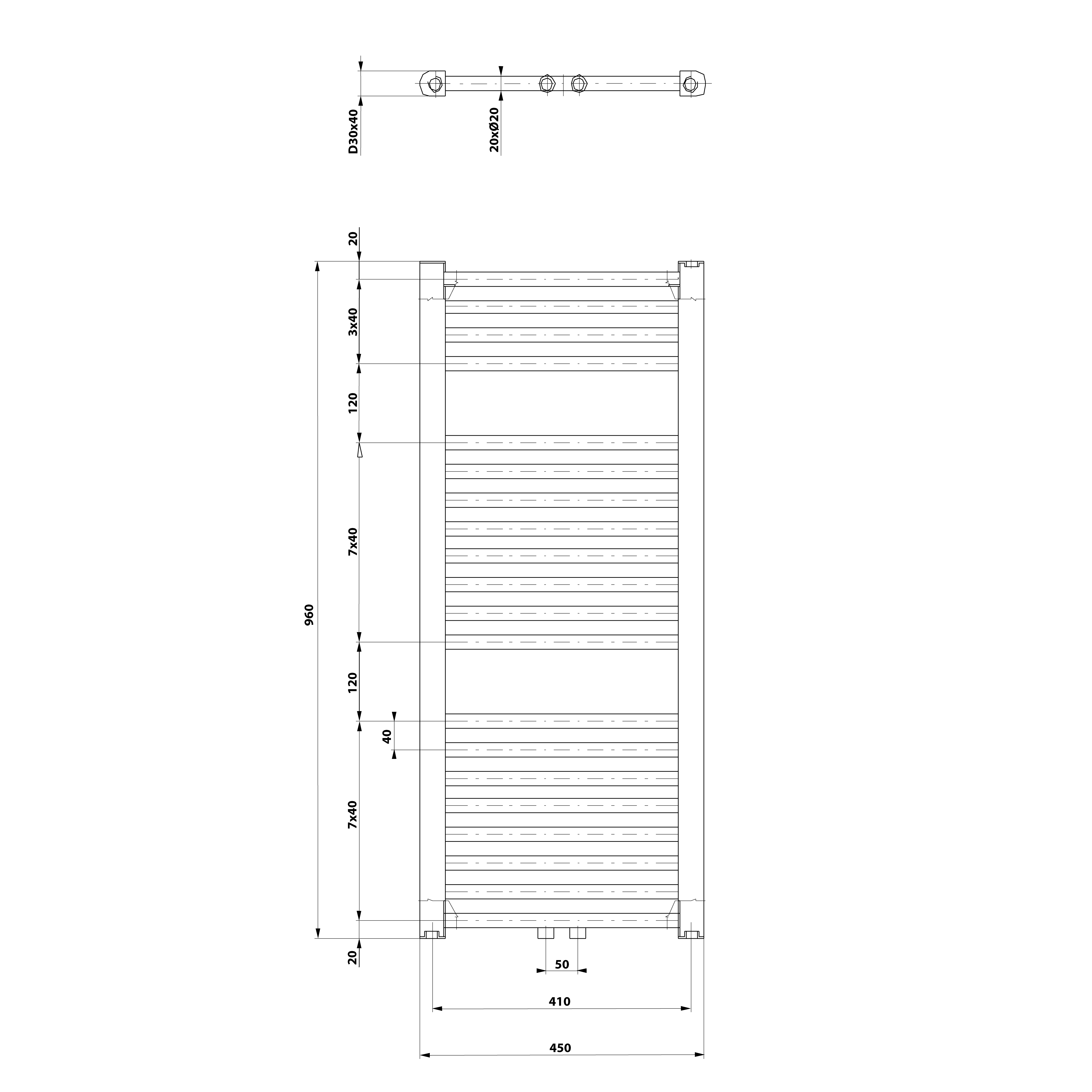 Aqualine DIRECT otopné těleso se středovým připojením 450x960 mm, bílá, technický nákres
