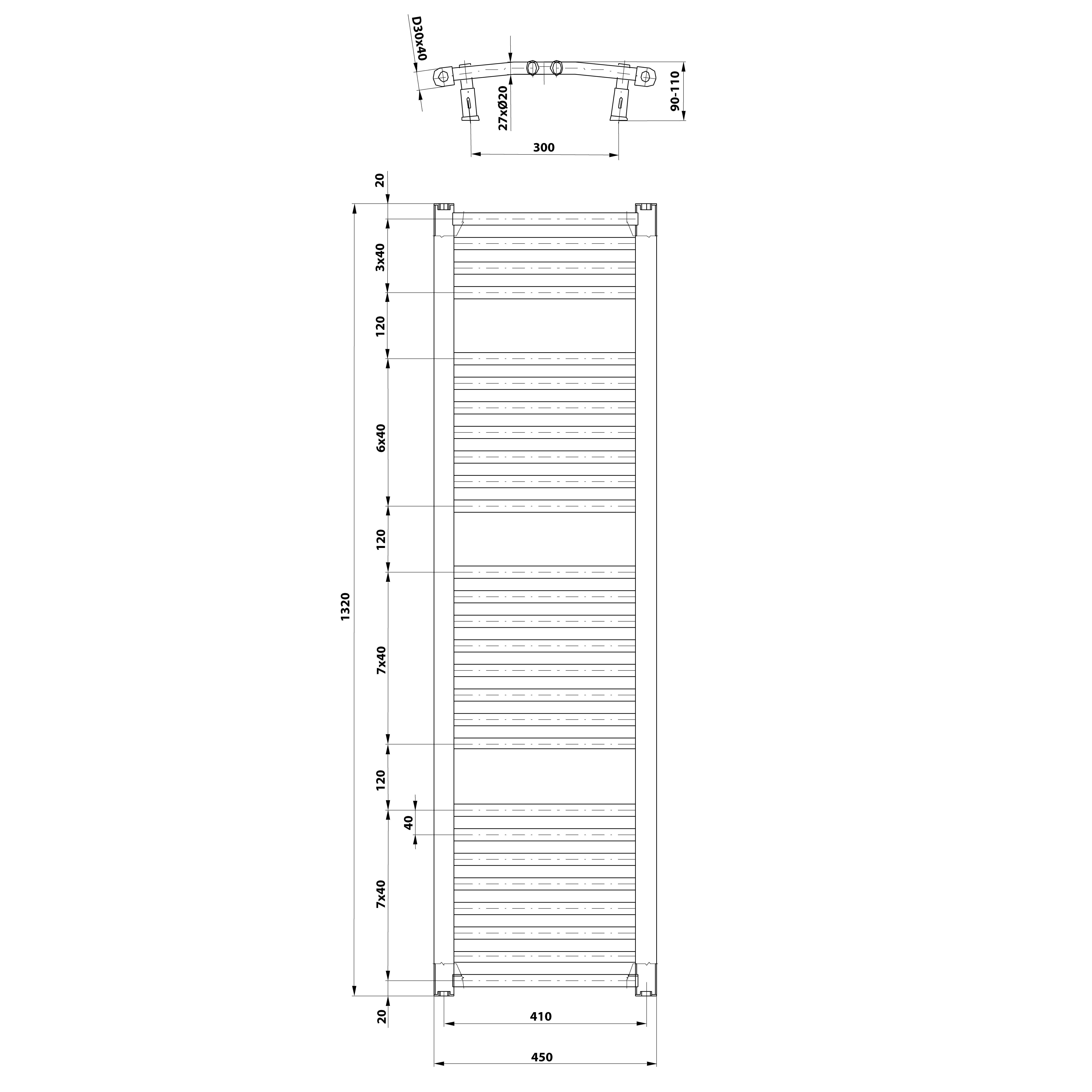 Aqualine ORBIT otopné těleso s bočním připojením 450x1320 mm, bílá, technický nákres