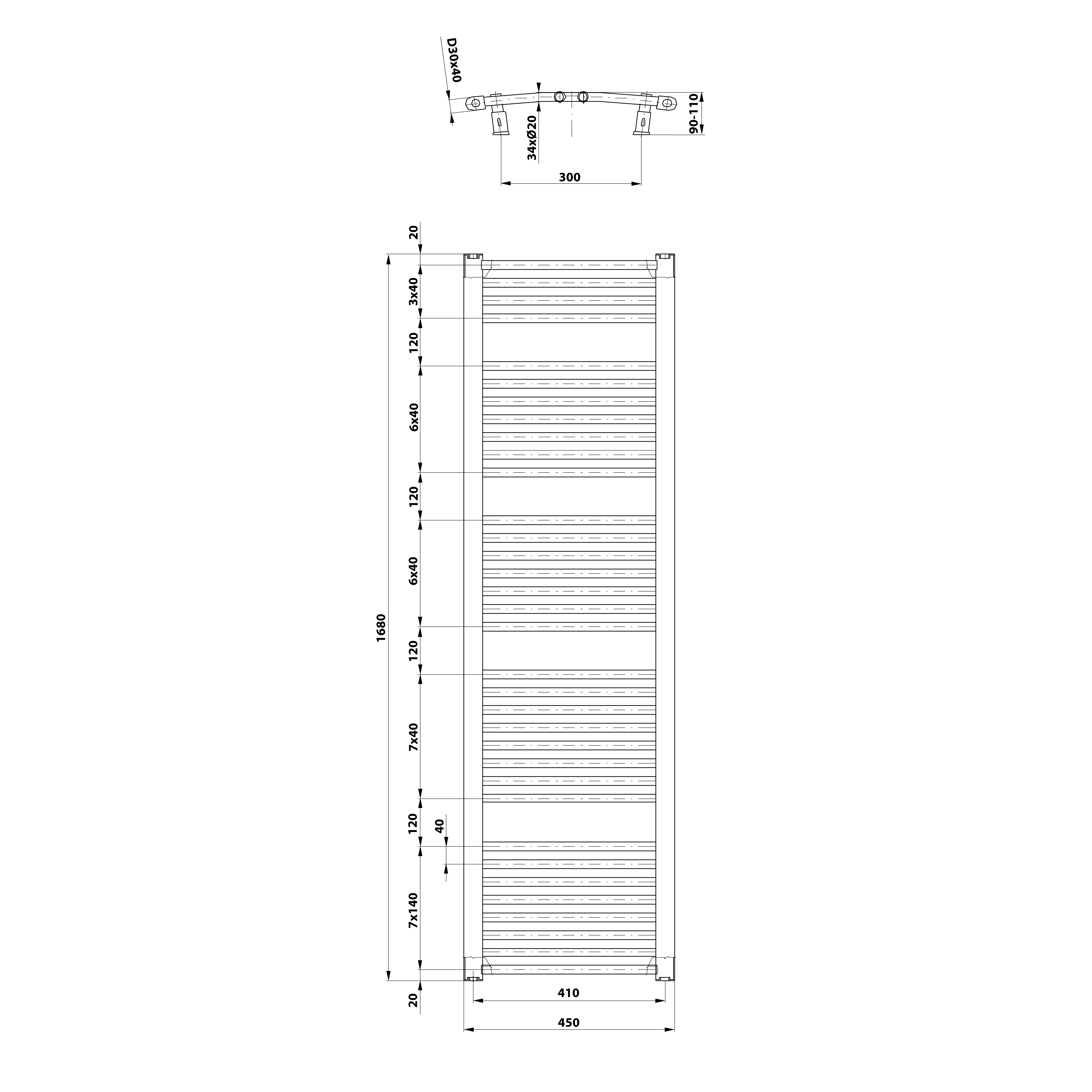 Aqualine ORBIT otopné těleso s bočním připojením 450x1680 mm, bílá, technický nákres