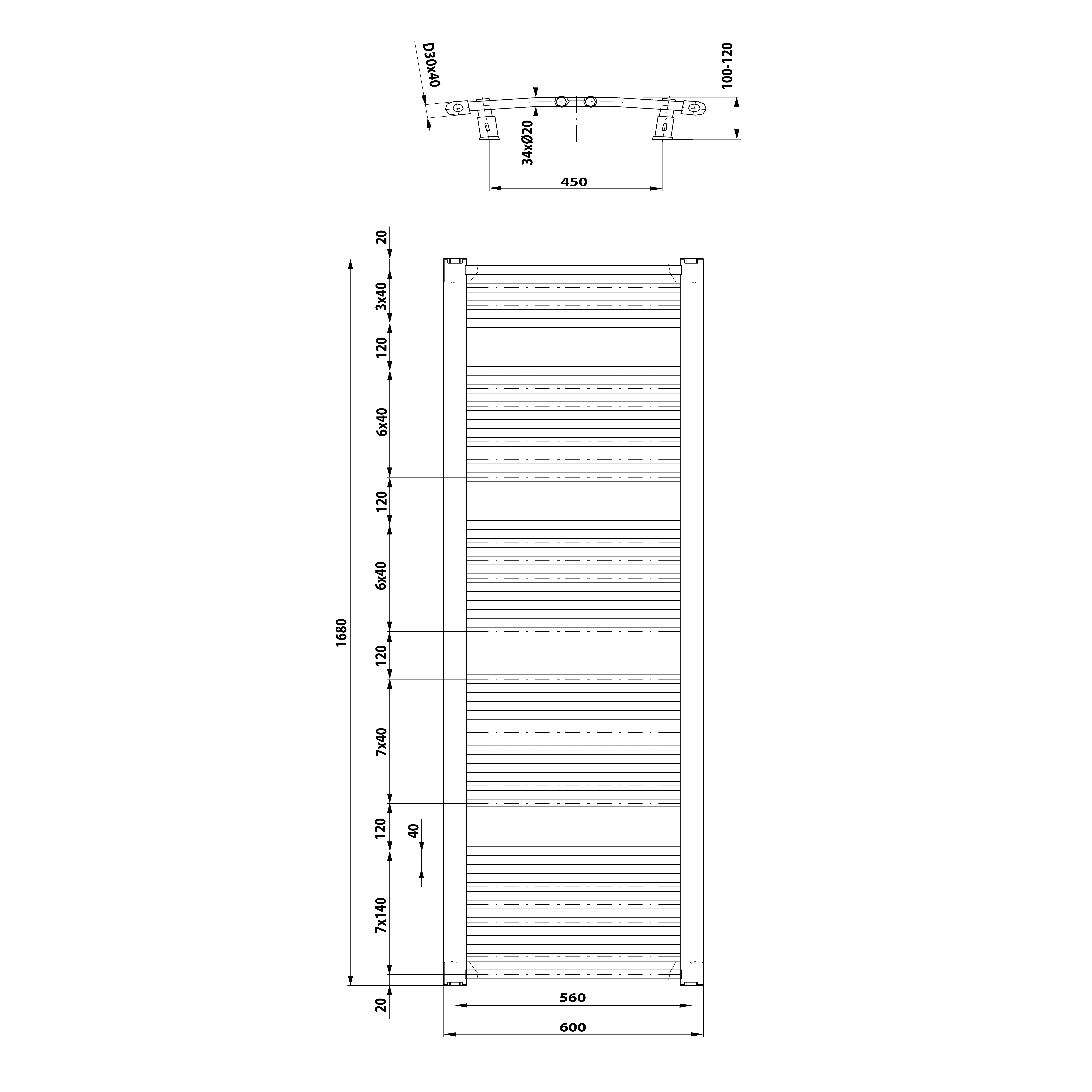 Aqualine ORBIT otopné těleso s bočním připojením 600x1680 mm, bílá, technický nákres