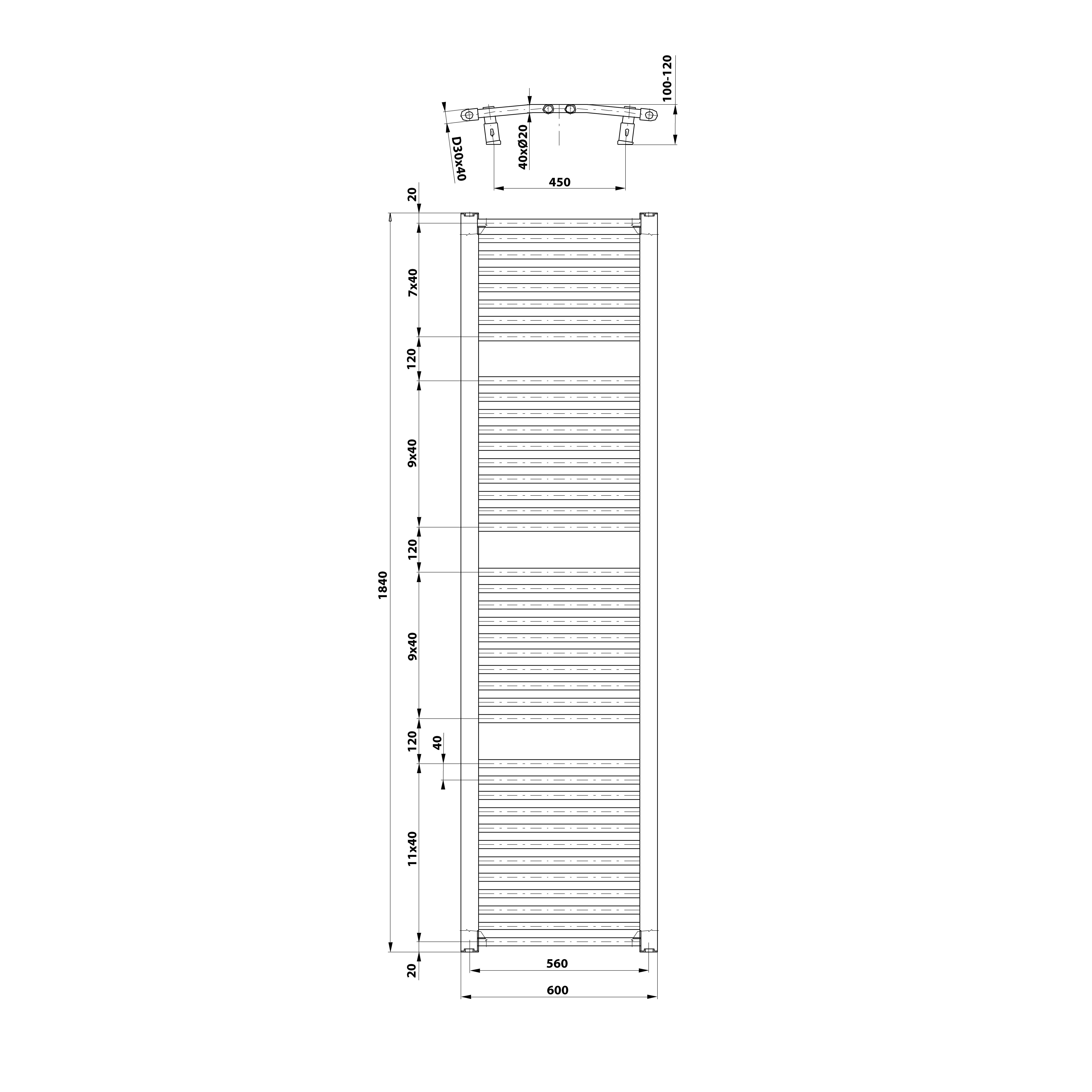 Aqualine ORBIT otopné těleso s bočním připojením 600x1850 mm, bílá, technický nákres