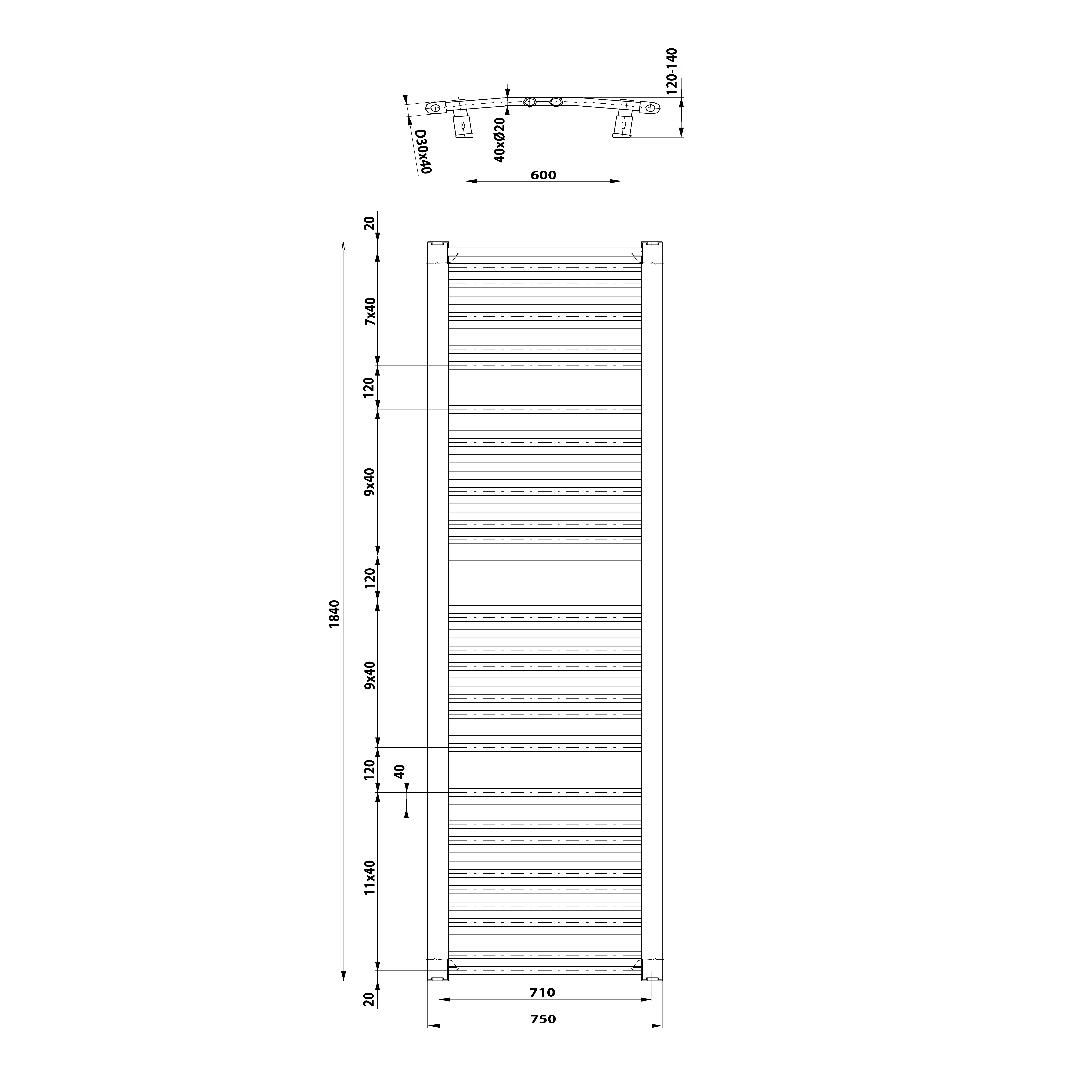 Aqualine ORBIT otopné těleso s bočním připojením 750x1850 mm, bílá, technický nákres