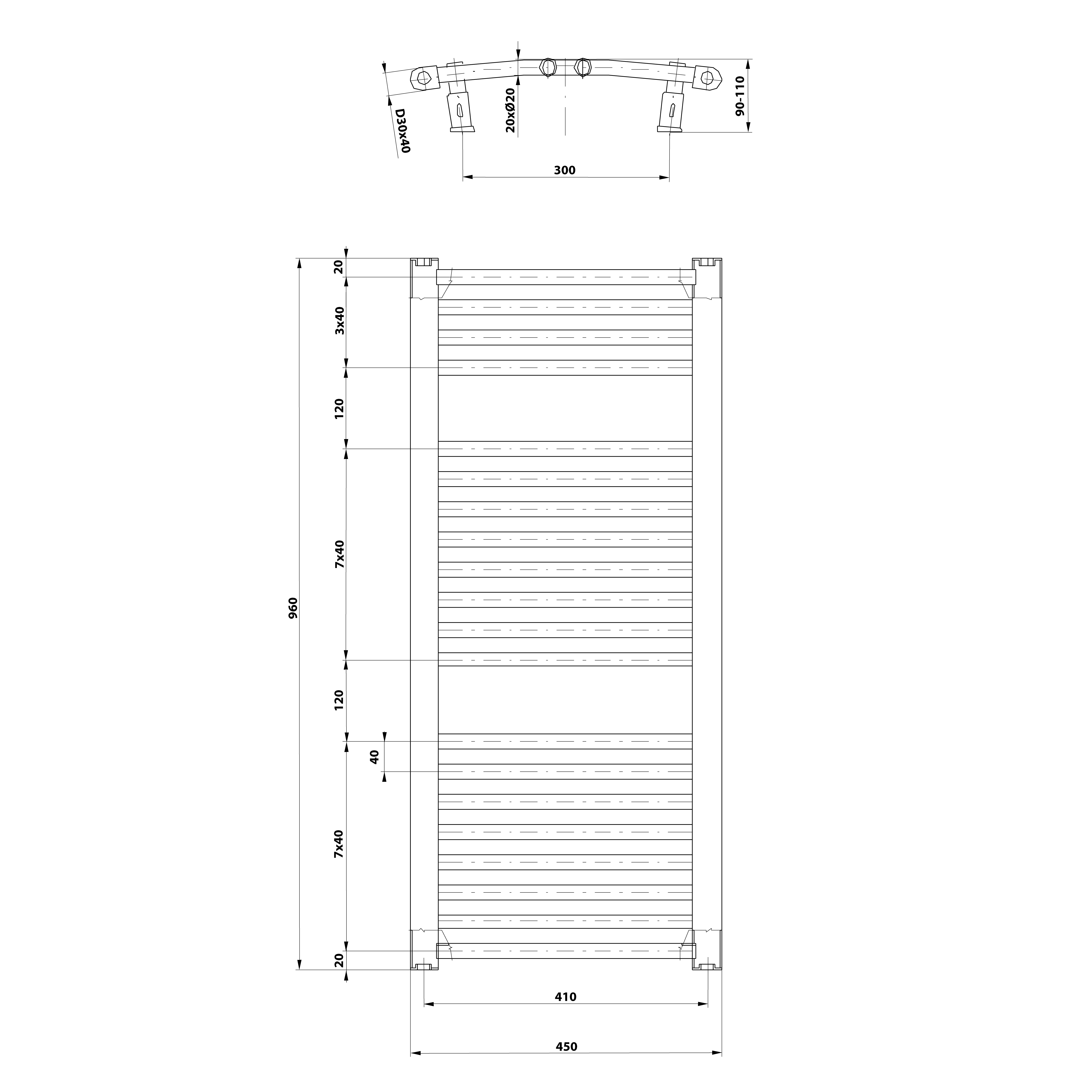 Aqualine ORBIT otopné těleso s bočním připojením 450x960 mm, bílá, technický nákres