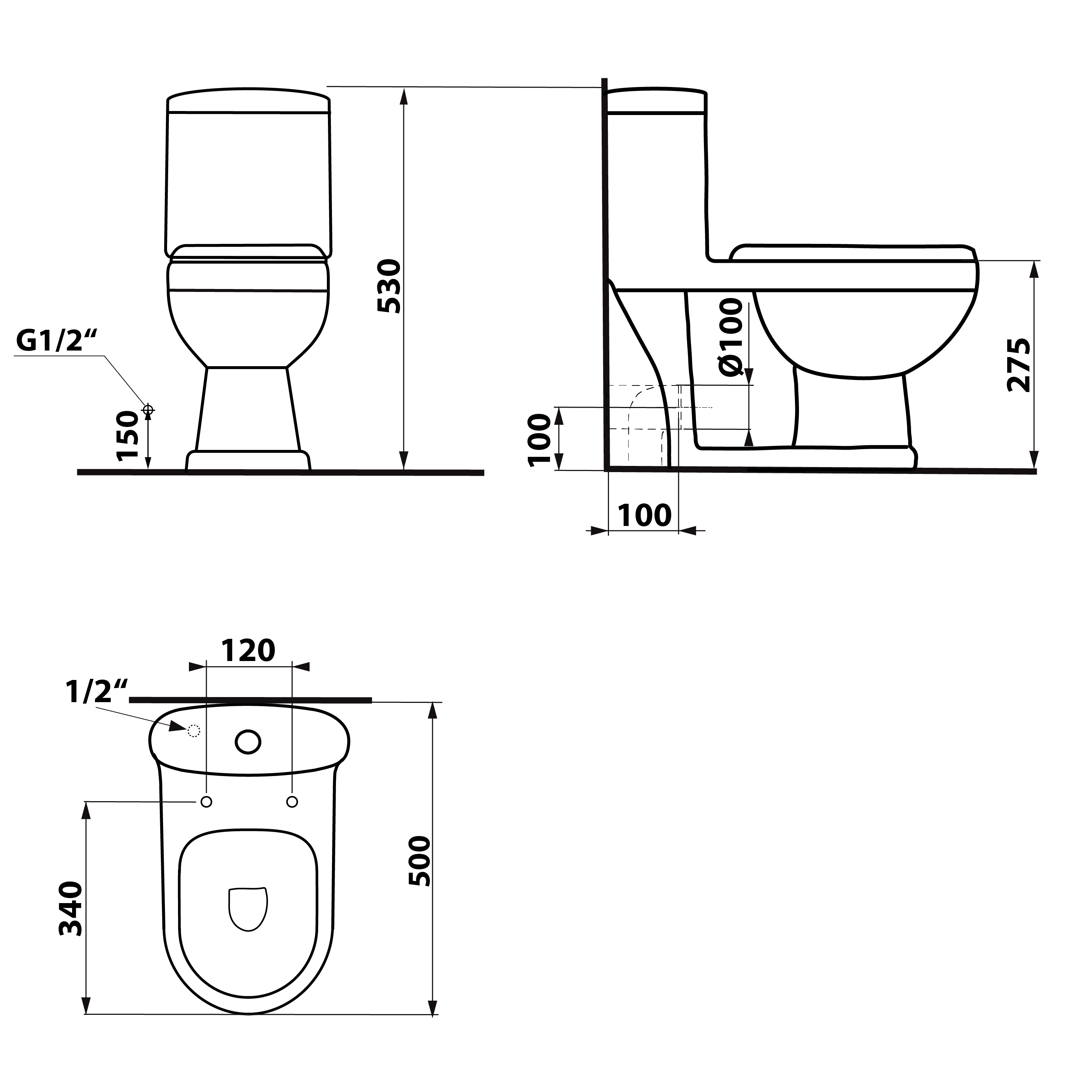 Aqualine PETIT WC kombi dětské, spodní/zadní odpad, bílá, technický nákres