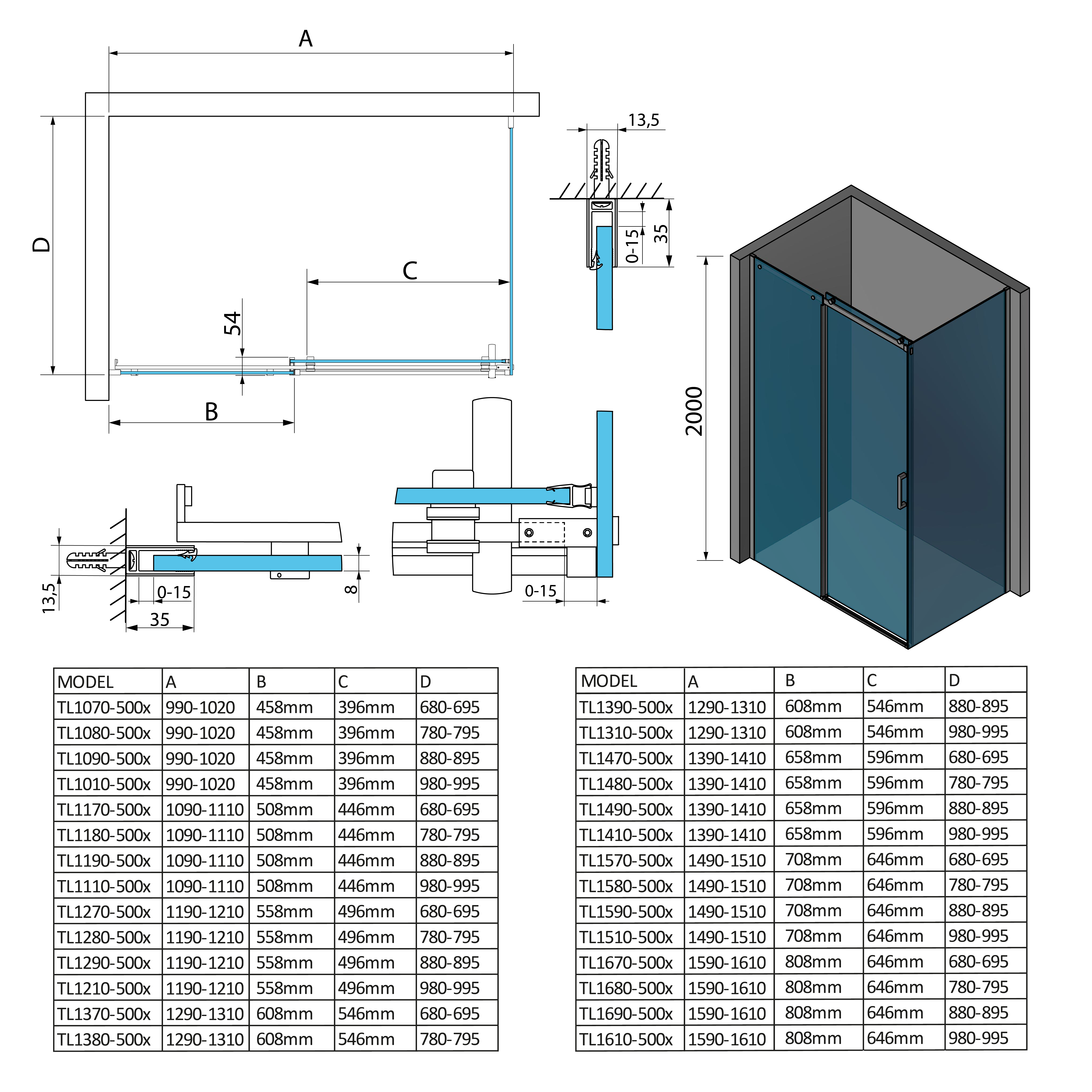 Polysan THRON SQUARE obdélníkový sprchový kout 1600x1000mm, hranaté pojezdy, technický nákres