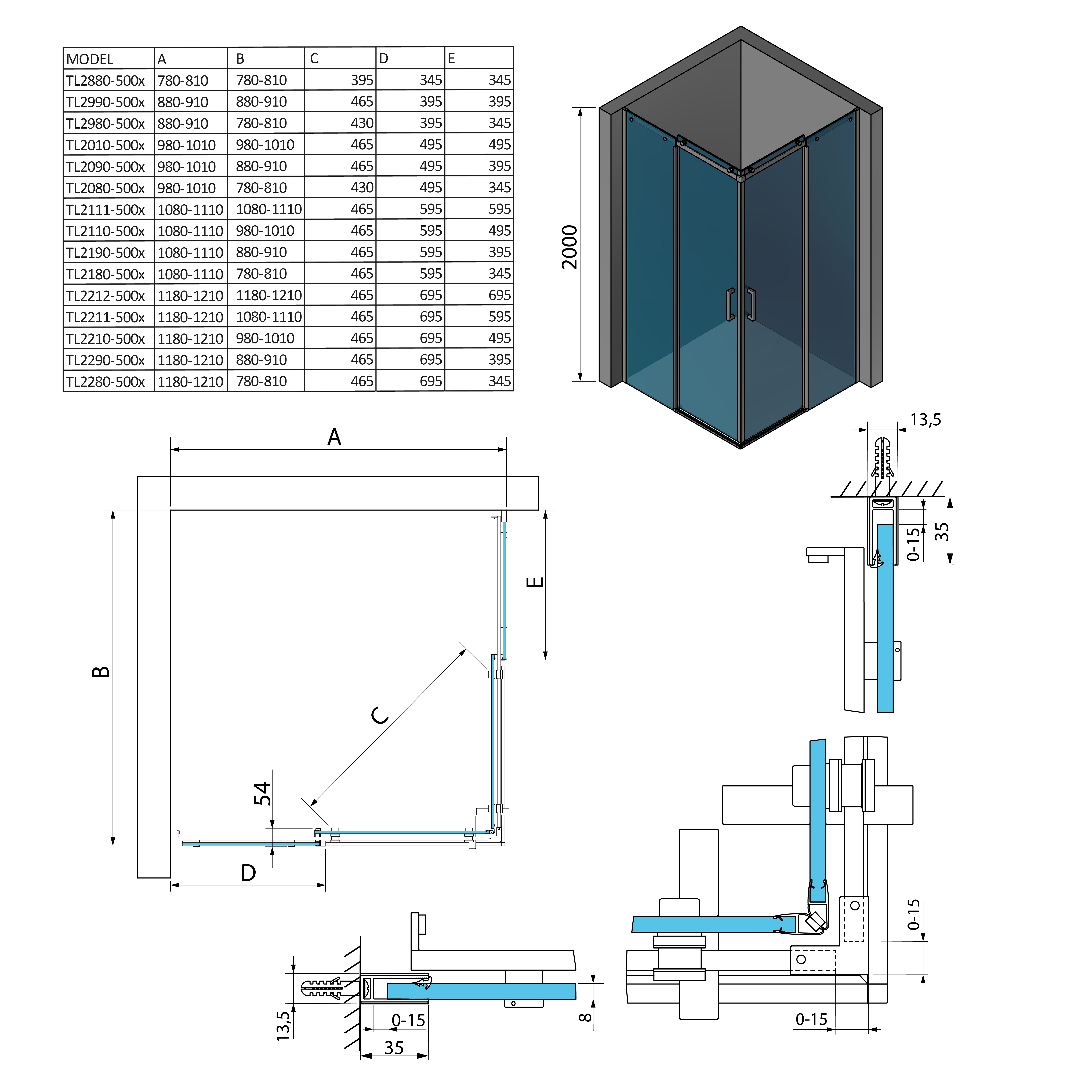 Polysan THRON SQUARE čtvercový sprchový kout 1200x1200mm, hranaté pojezdy, rohový vstup, technický nákres