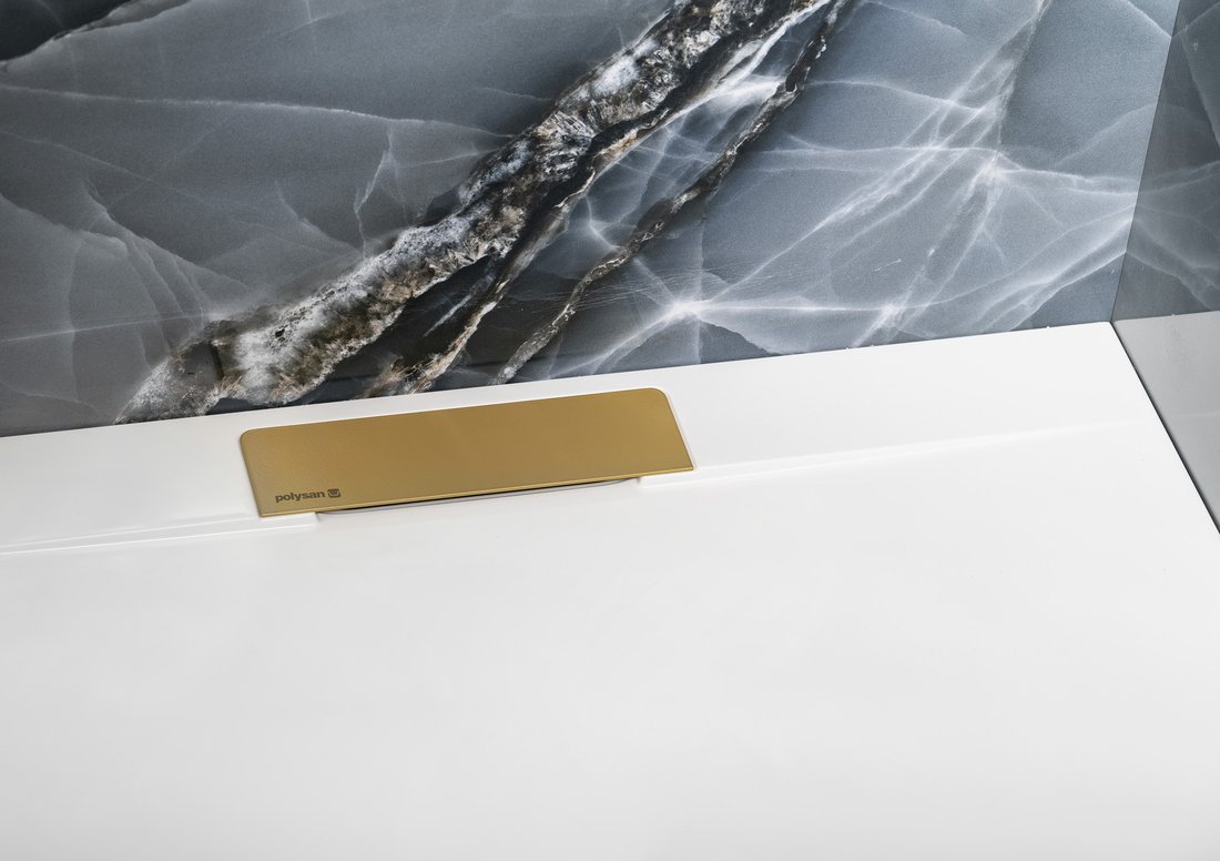 Polysan KAZUKO vaničkový sifon, DN40, krytka zlato mat, detail zlatého krytu odtoku