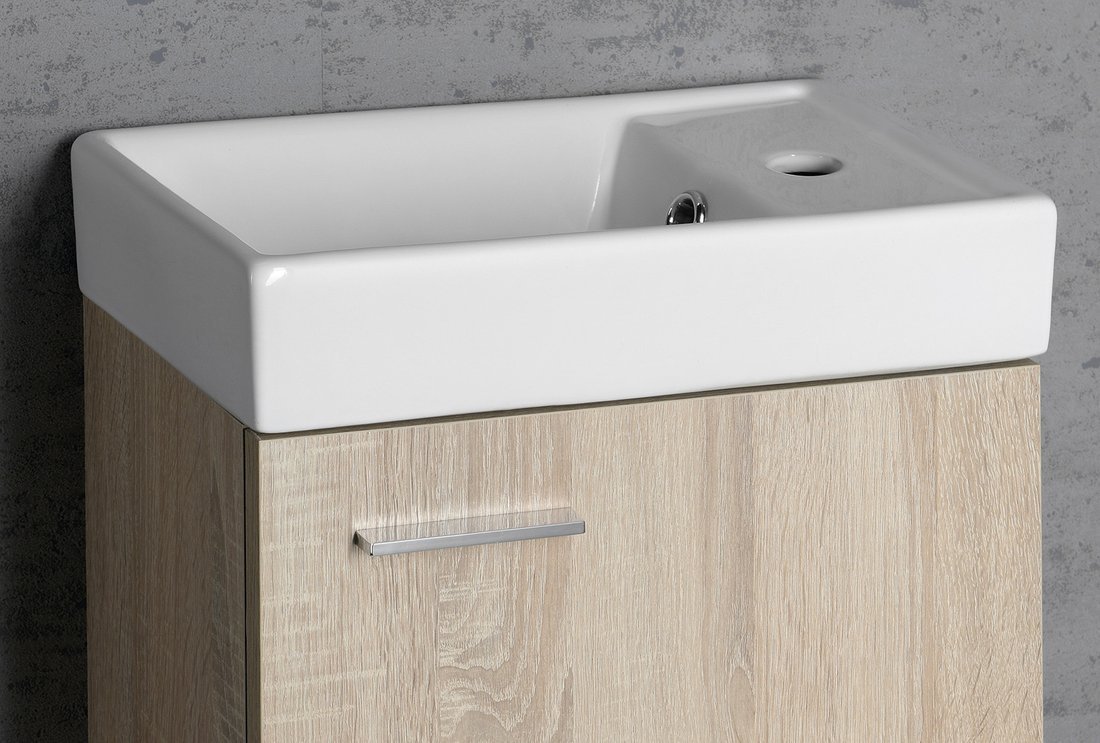 Aqualine ZOJA skříňka s keramickým umyvadlem 40x22 cm, dub platin, detail umyvadla a úchytu