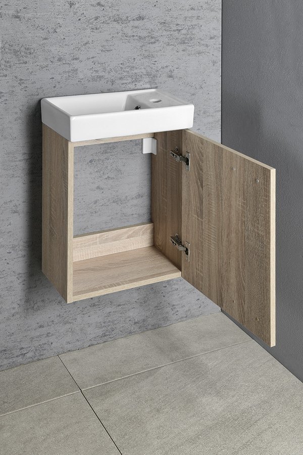 Aqualine ZOJA skříňka s keramickým umyvadlem 40x22 cm, dub platin, v koupelně