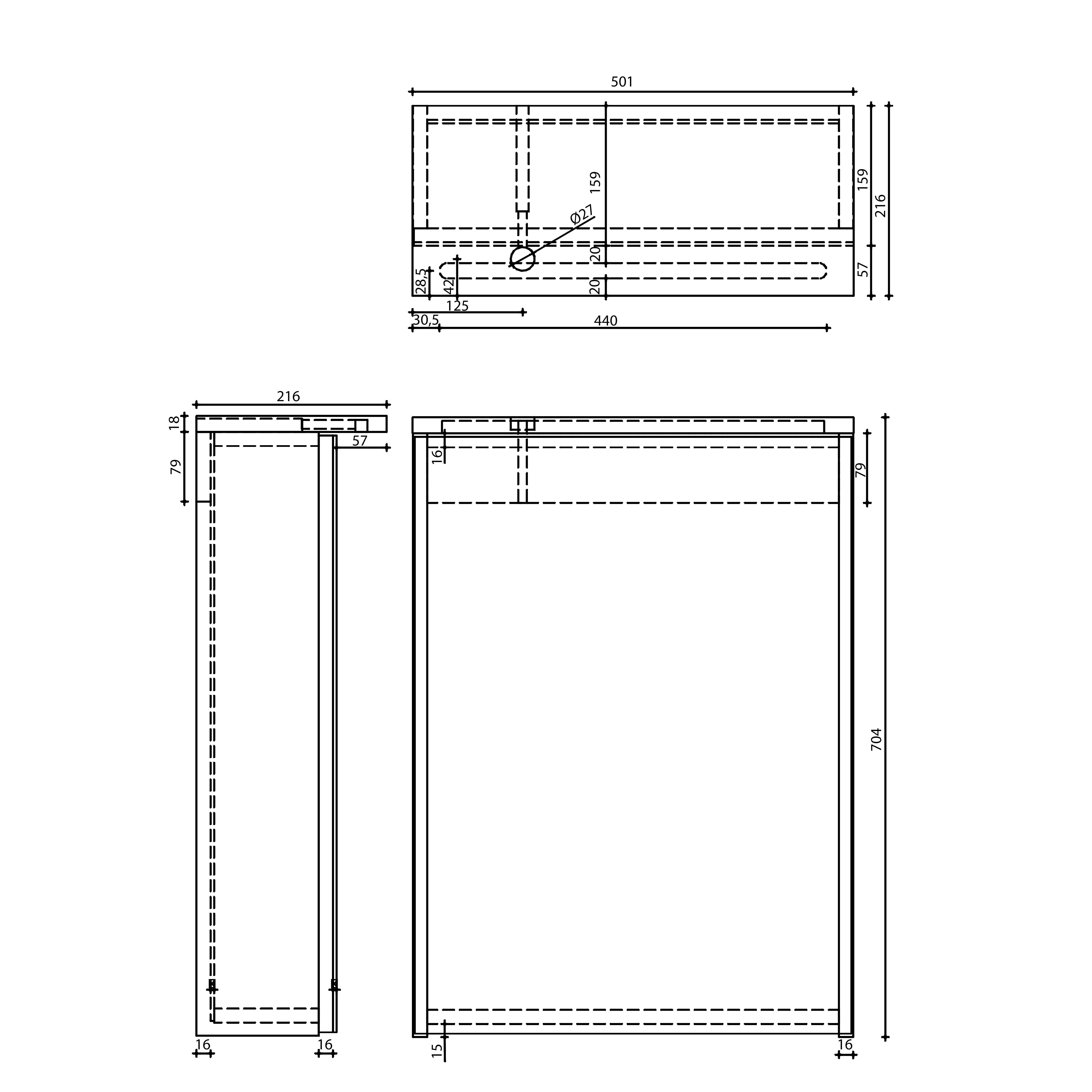Aqualine KAWA STRIP galerka s LED osvětlením 50x70x22cm, bílá, technický nákres