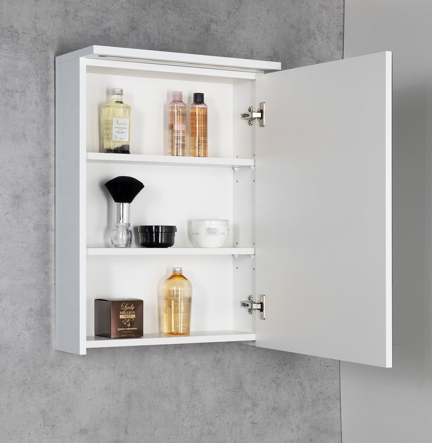 Aqualine KAWA STRIP galerka s LED osvětlením 50x70x22cm, bílá, s otevřenými dvířky a kosmetikou