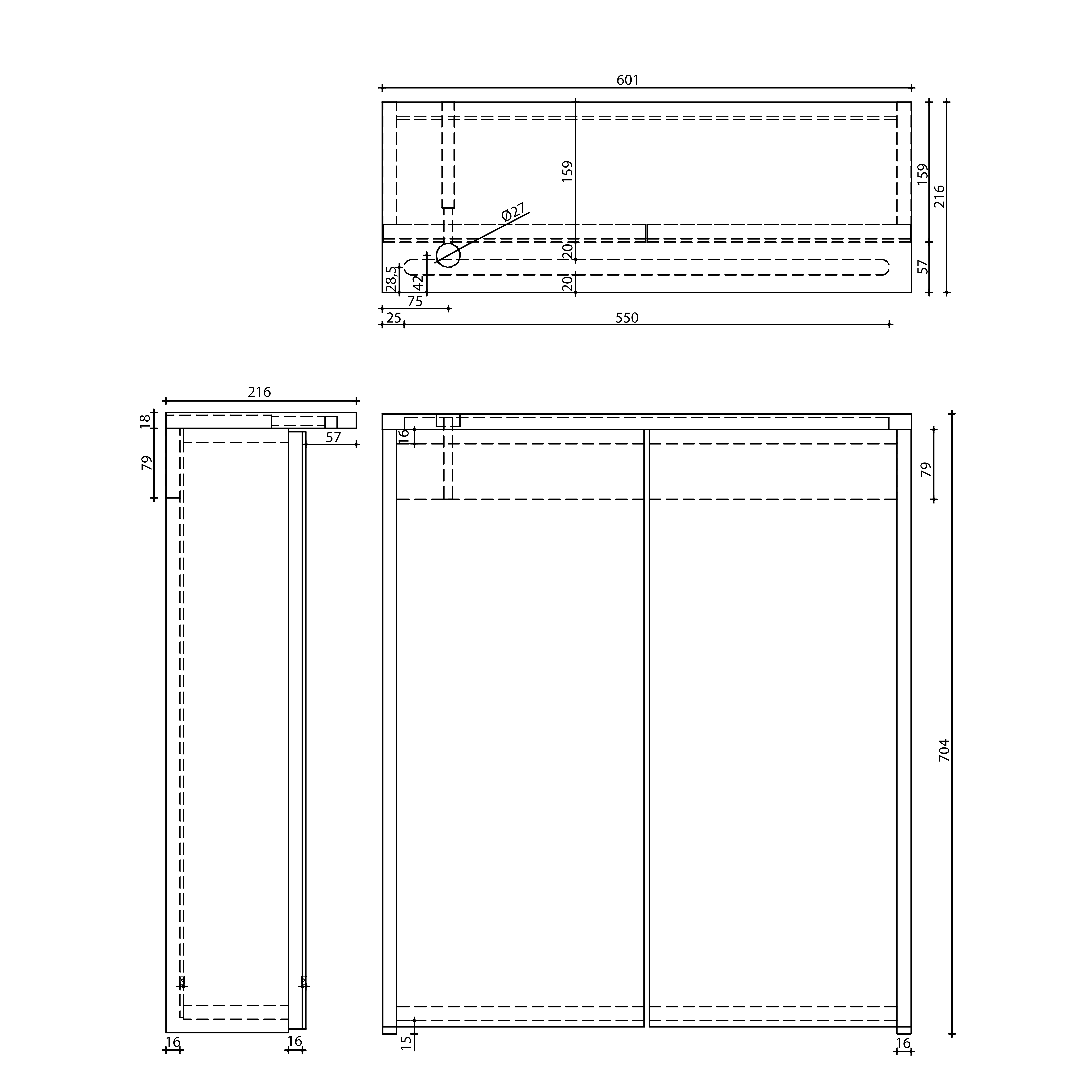 Aqualine KAWA STRIP galerka s LED osvětlením 60x70x22cm, bílá, technický nákres