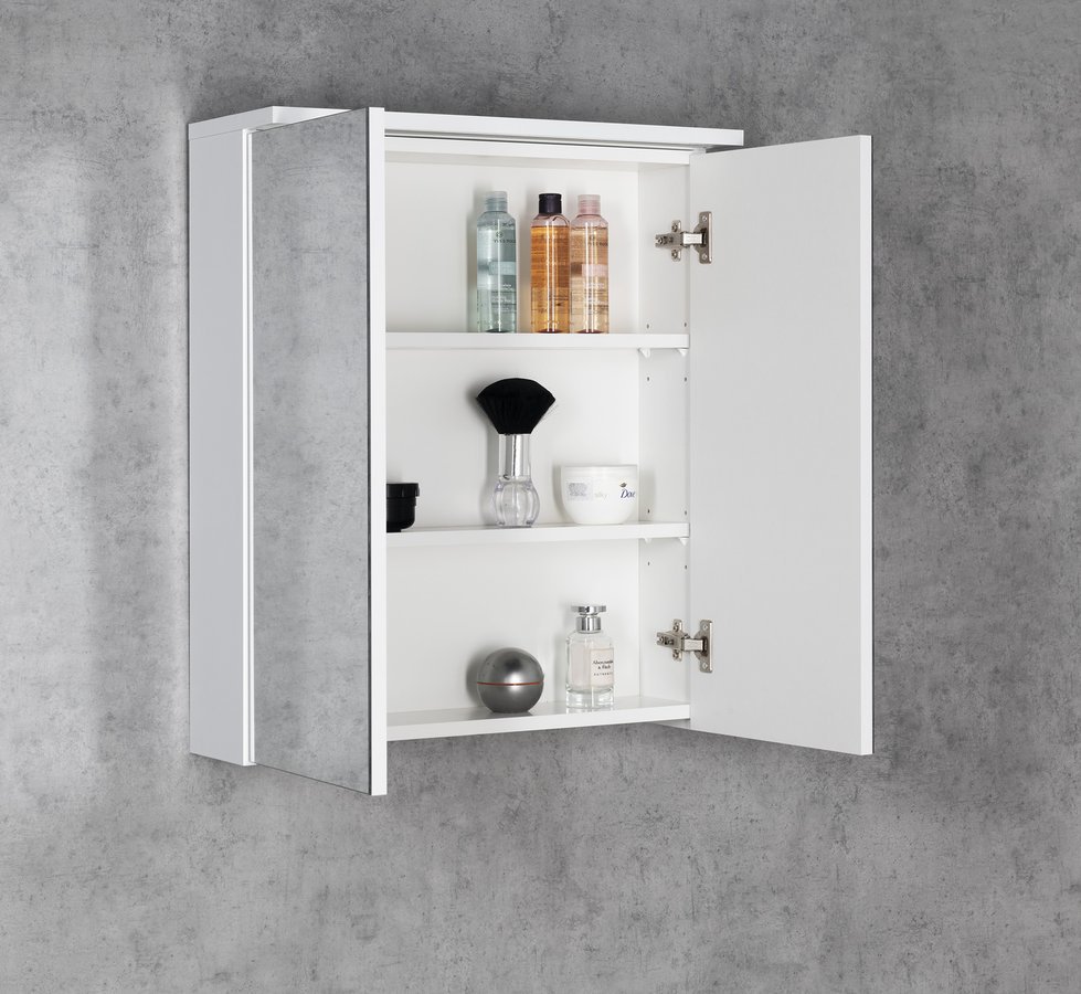 Aqualine KAWA STRIP galerka s LED osvětlením 60x70x22cm, bílá, s otevřenými dvířky a kosmetikou