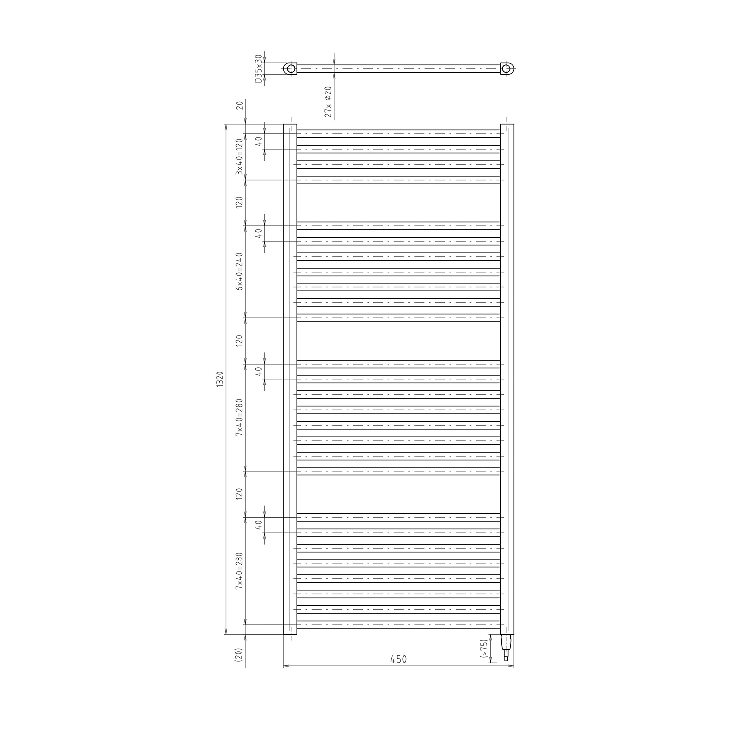 Aqualine DIRECT-E elektrické otopné těleso rovné 450x1320 mm, 400 W, černá, technický nákres